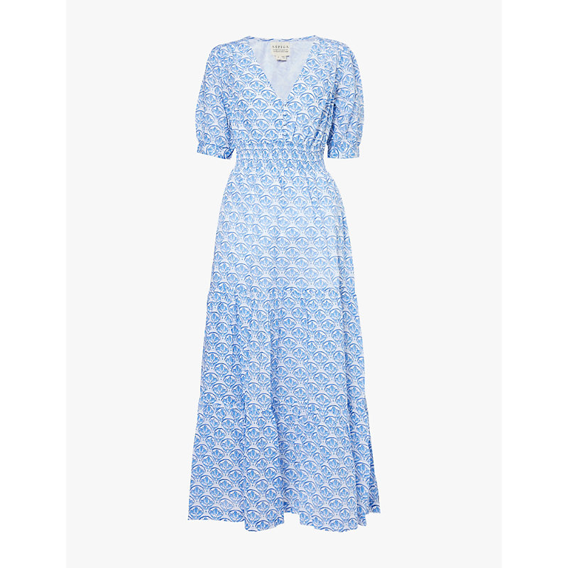 Womens White/blue Billie Short-sleeve Organic-cotton Maxi Dress