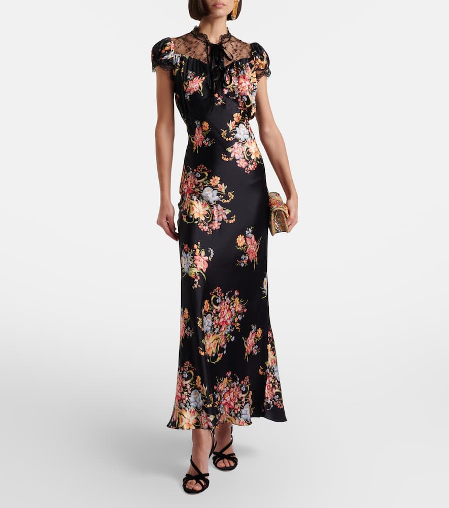 Floral lace-trimmed silk midi dress