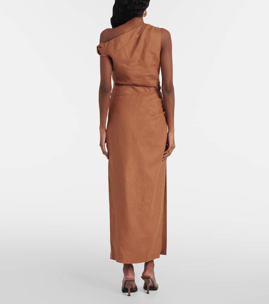 Asymmetric ruched linen midi skirt