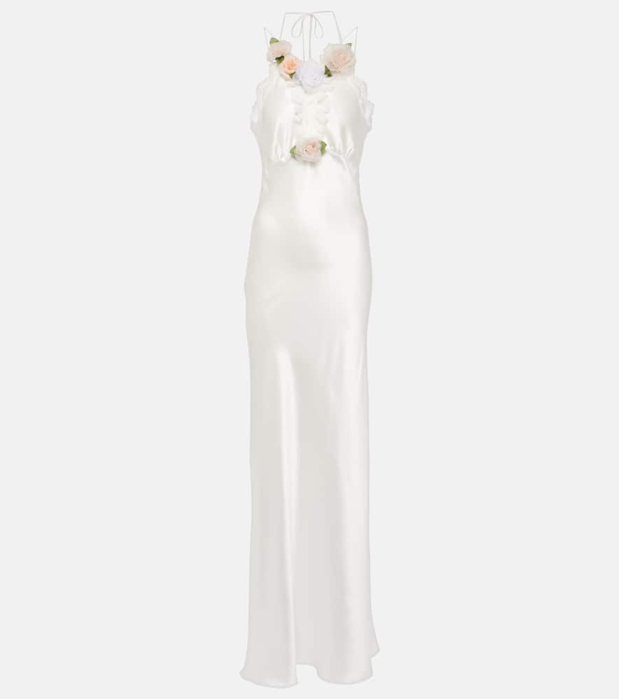 Bridal floral-appliqué lace-trimmed silk gown