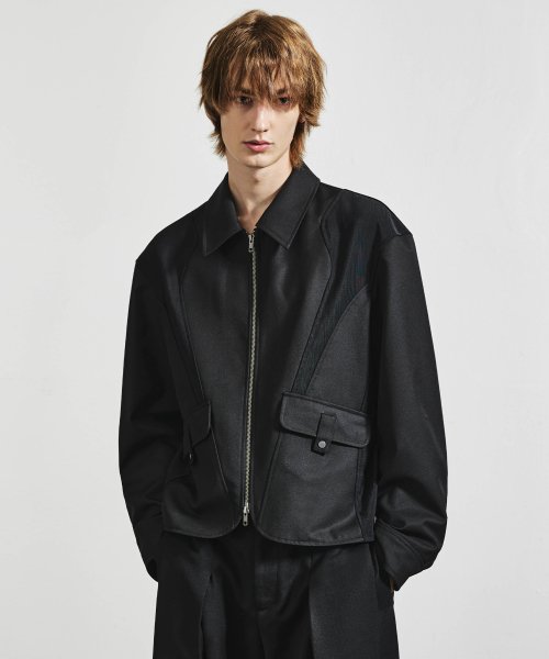 Combined wool technical blouson jacket black