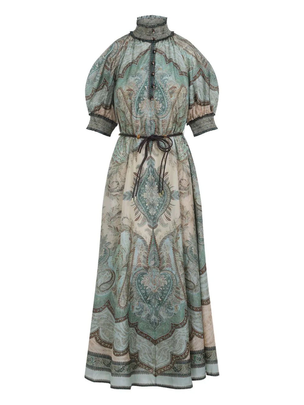High-Neck Paisley Silk Dress — Teal