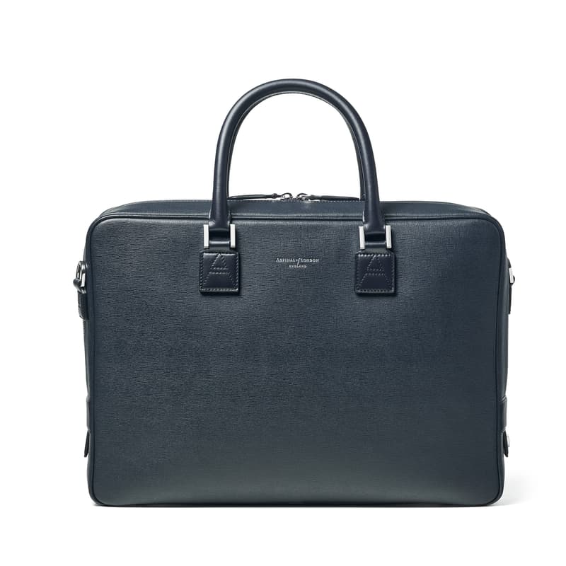 Mount Street Leather Laptop Briefcase Bag in Navy Saffiano