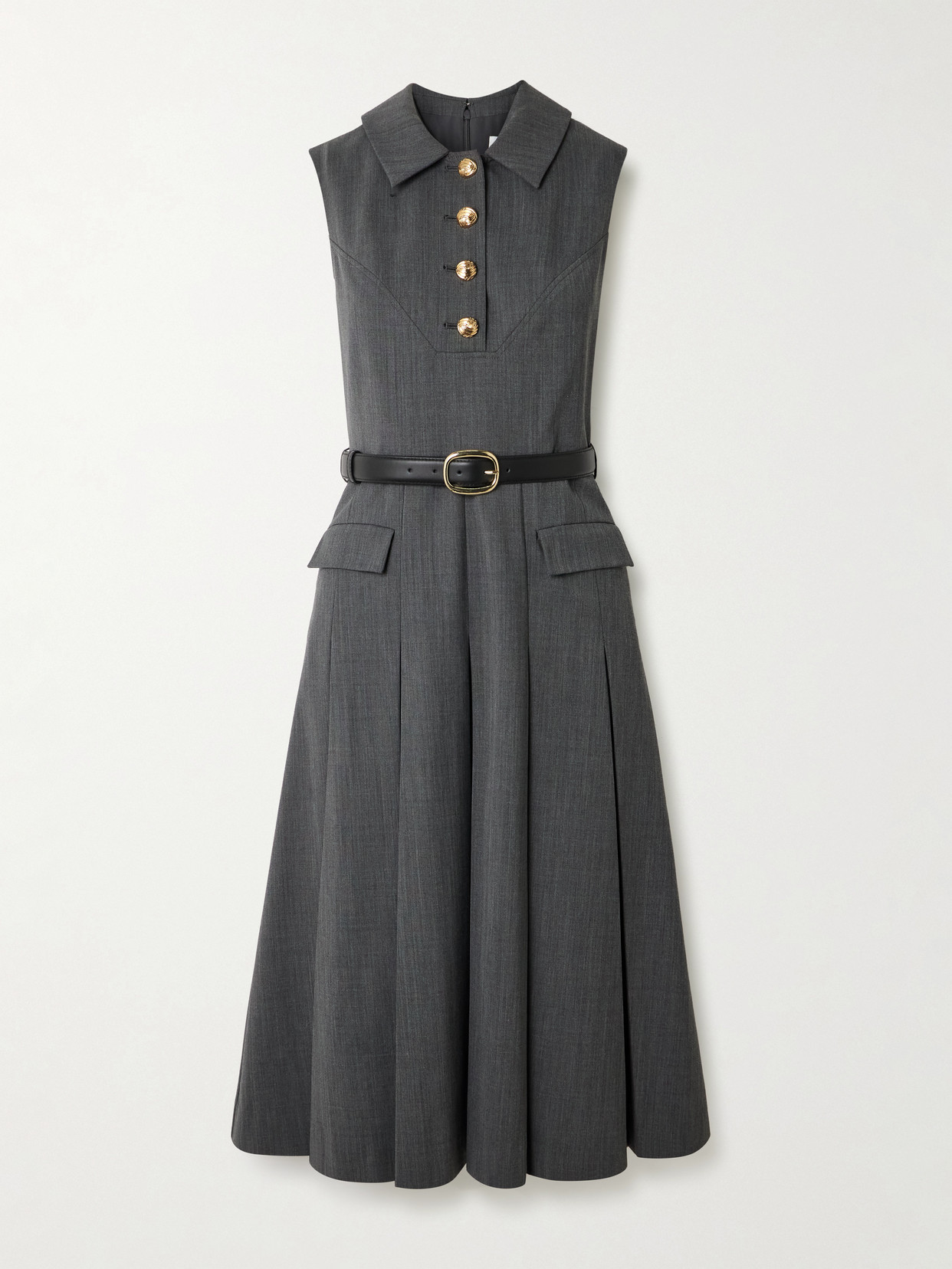 Belted Pleated Leather-trimmed Wool-blend Midi Dress - Gray