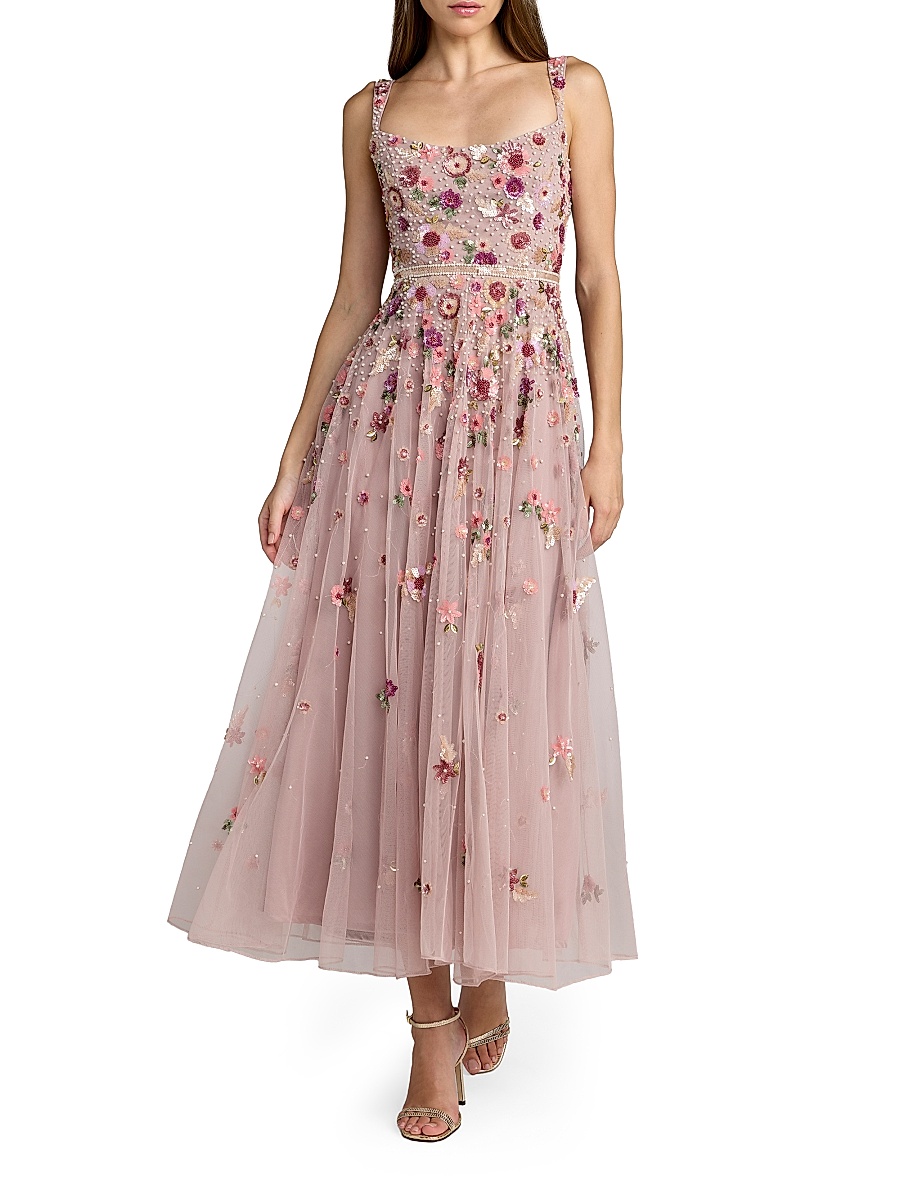 Women's Floral Embellished Scoopneck Midi-Dress - Vintage Rose