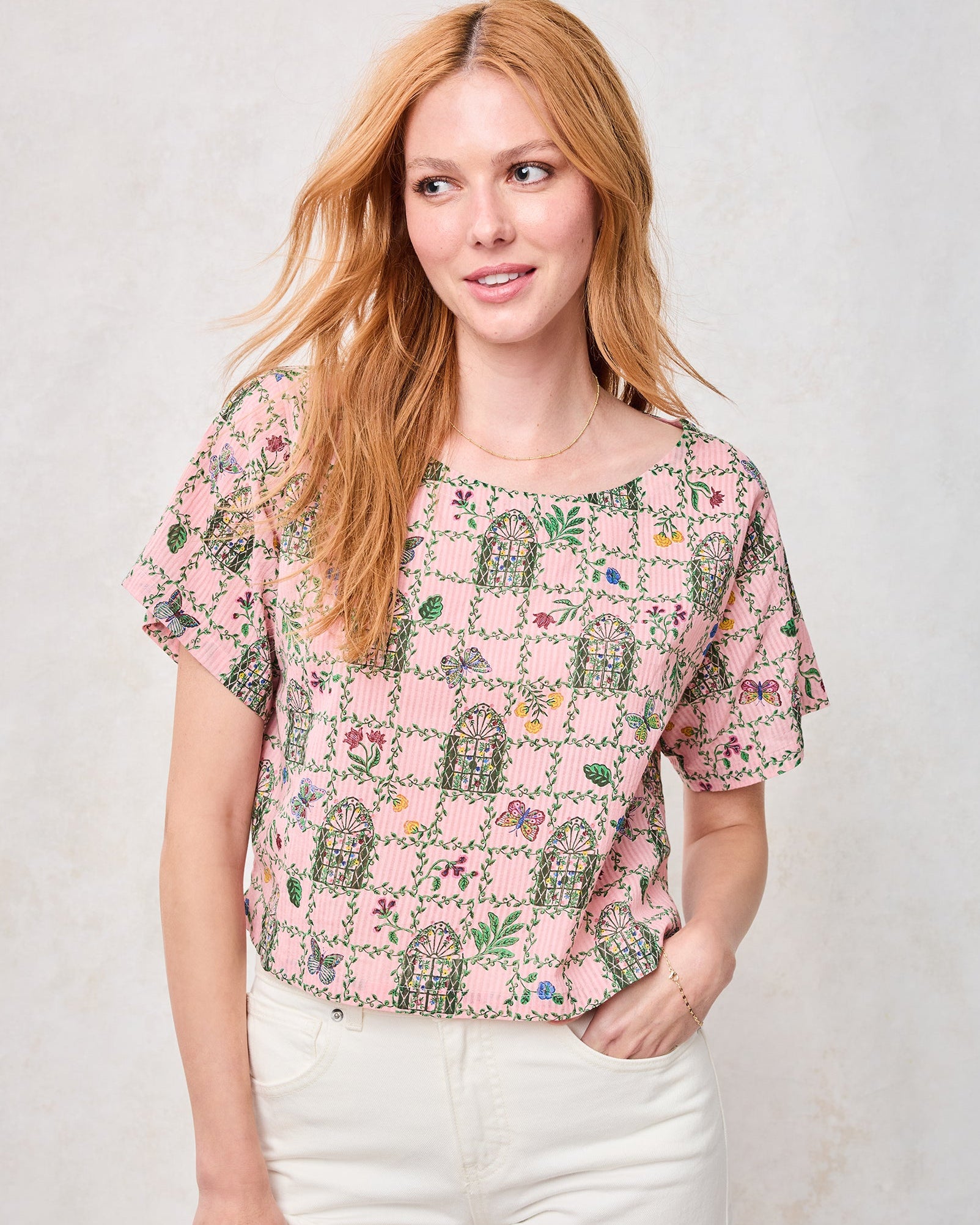 Organic Cotton Floral Short Sleeve Blouse in Gilded Greenhouse | Women's XXS | Pink Spring