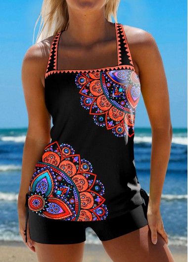 Modlily Contrast Binding Mid Waisted Tribal Print Black Tankini Set