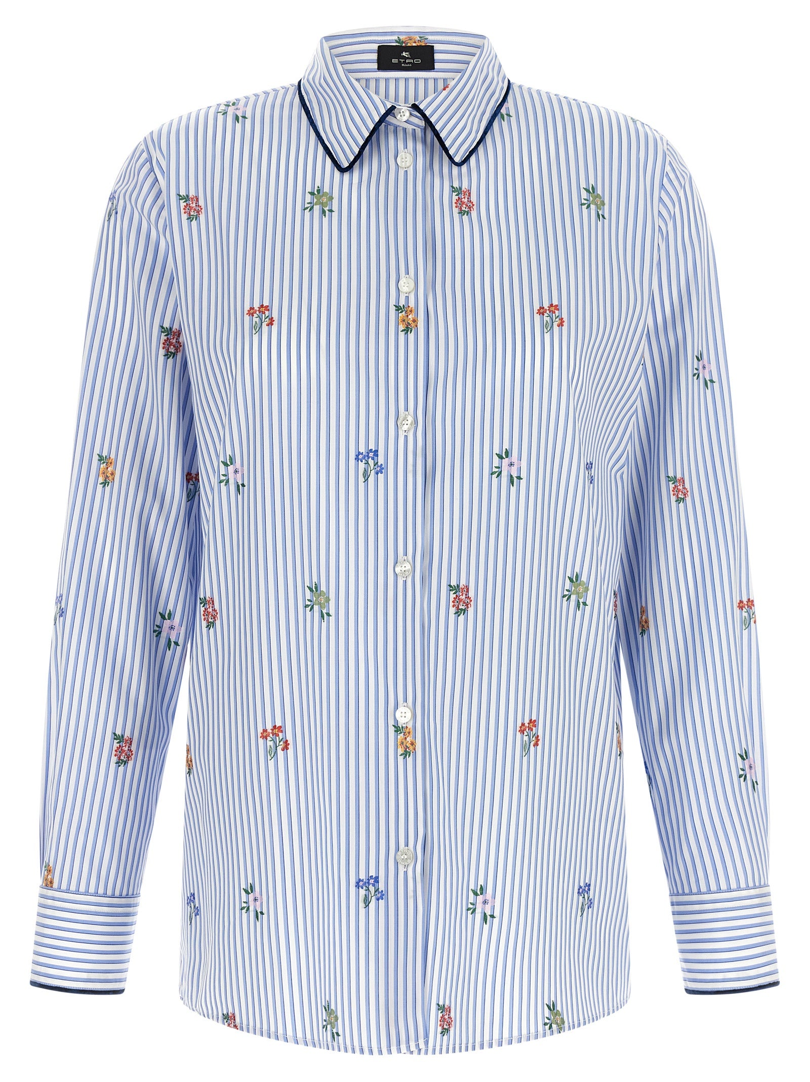 Striped Floral-Embroidered Cotton Blouse — Blue
