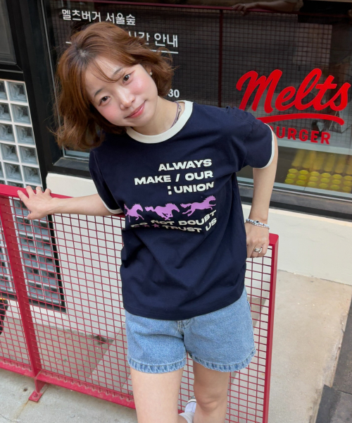 Runing horse Ringer T-shirts NAVY