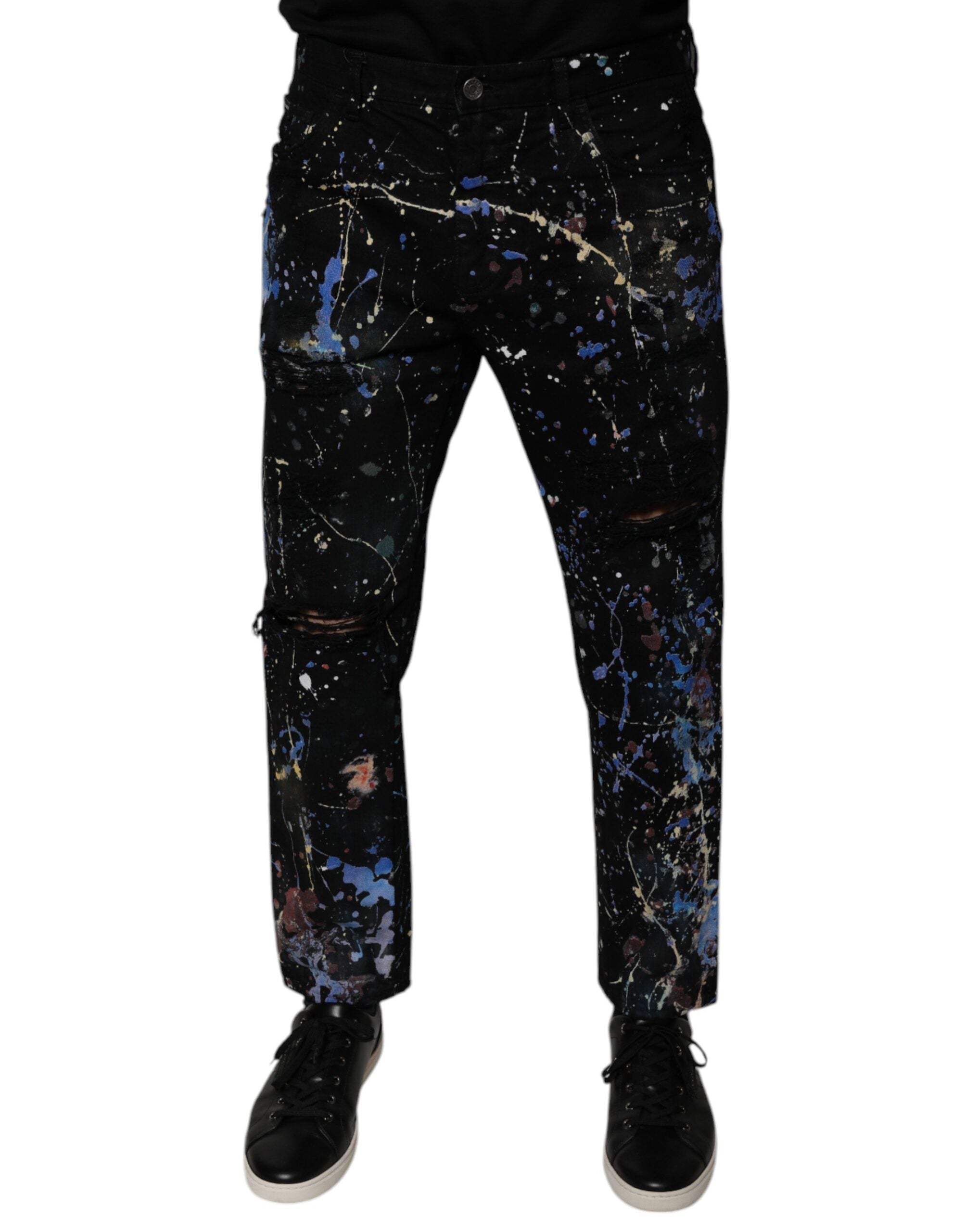 Splash-Print Skinny Cotton Jeans — Black