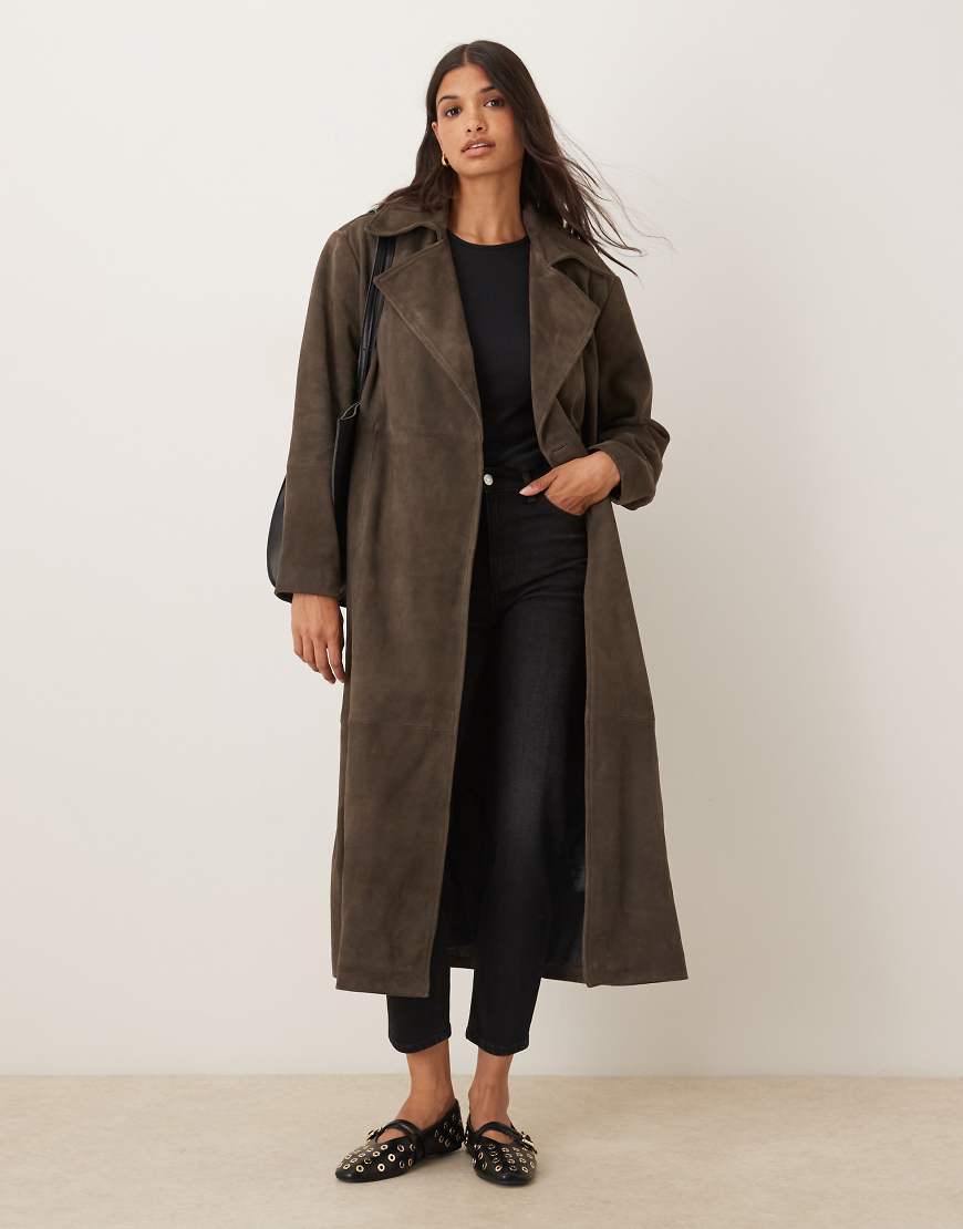 Premium suede trench coat in dark olive-Green