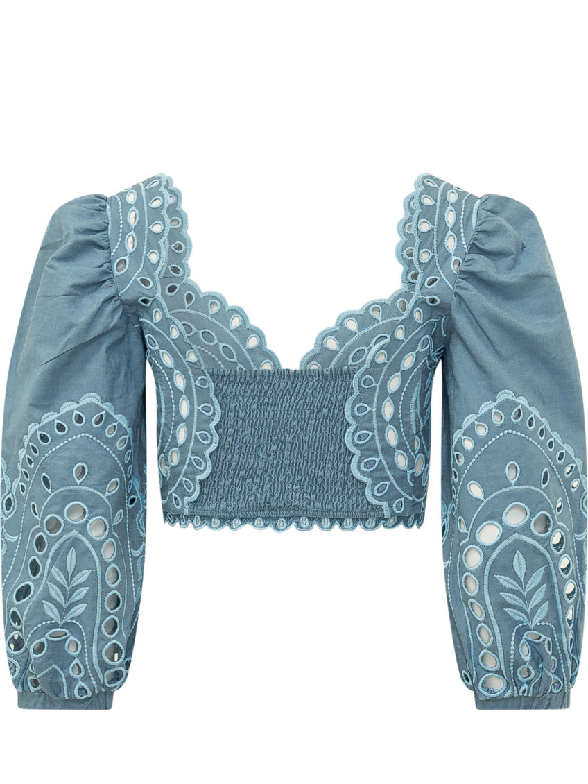 Blue Embroidered Sweetheart Neck Top