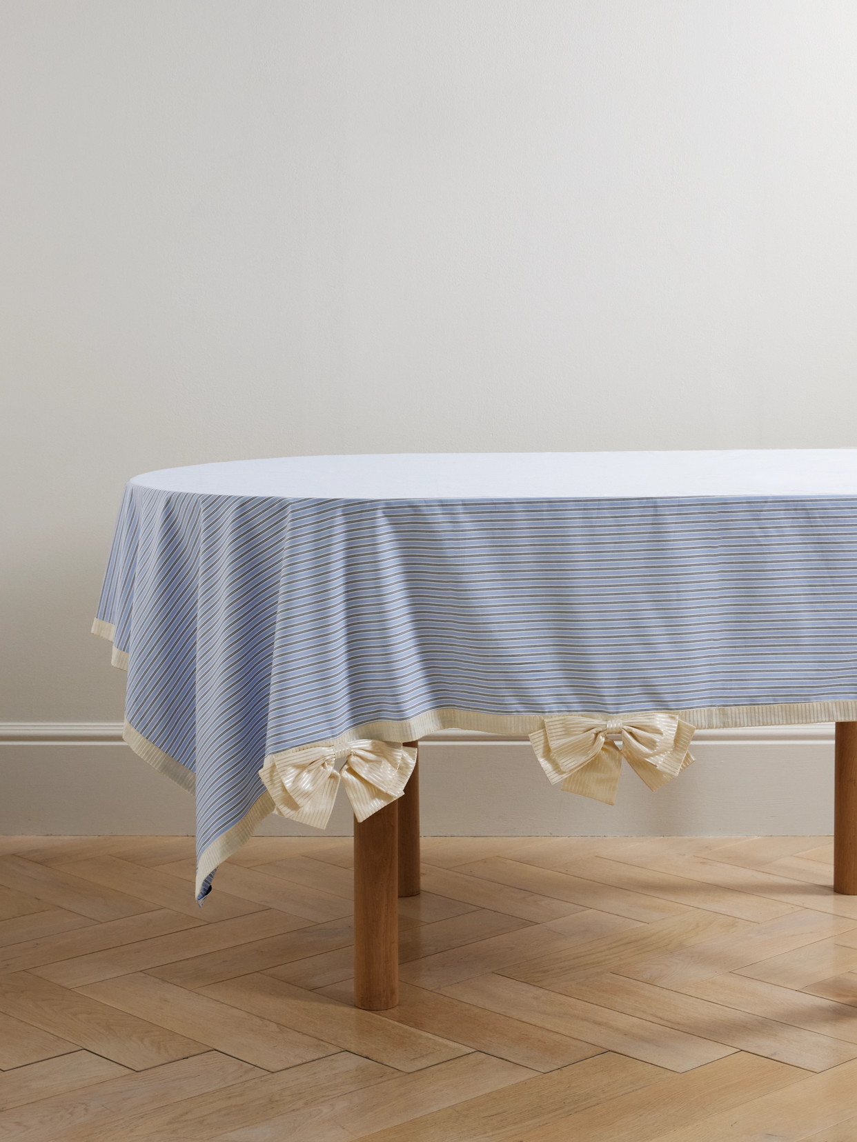 Bow And Button-detailed Striped Cotton-blend Tablecloth - Blue