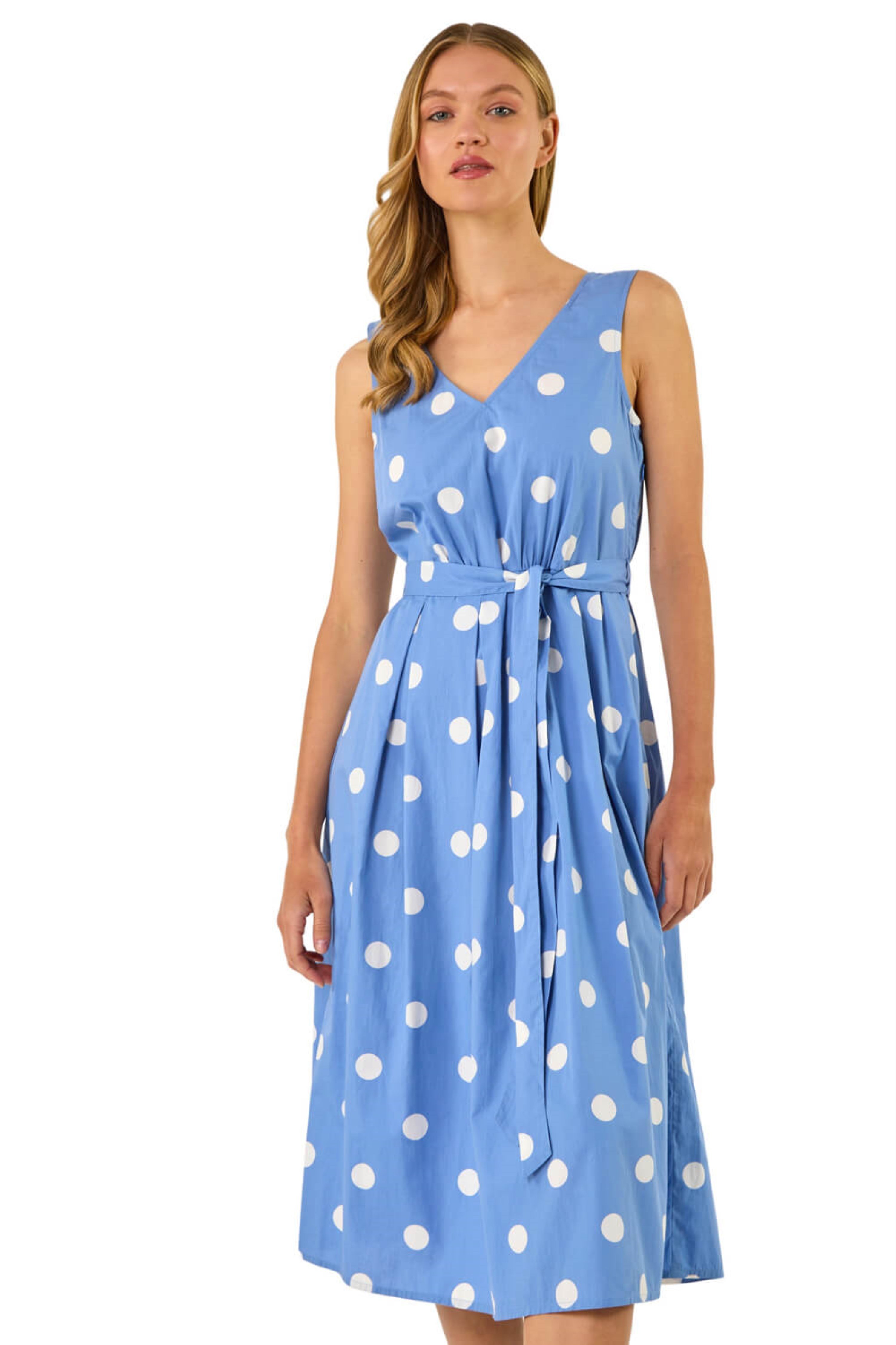 Roman Womens Spot Print Belted Midi Dress - Sky Blue