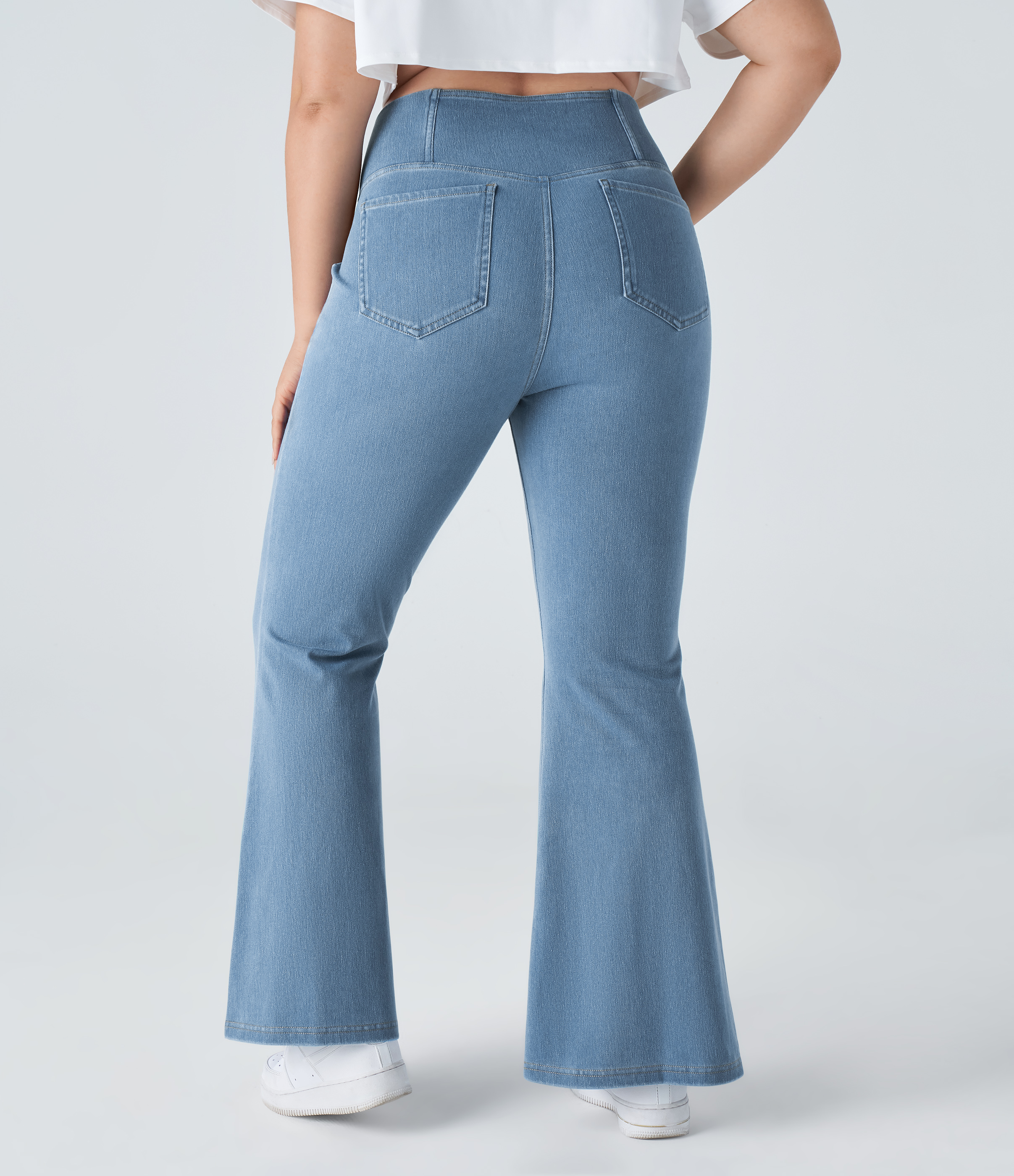 Flex™ High Waisted Crossover Pocket Washed Casual Plus Size Jeans  - Washed Denim Sunny Blue