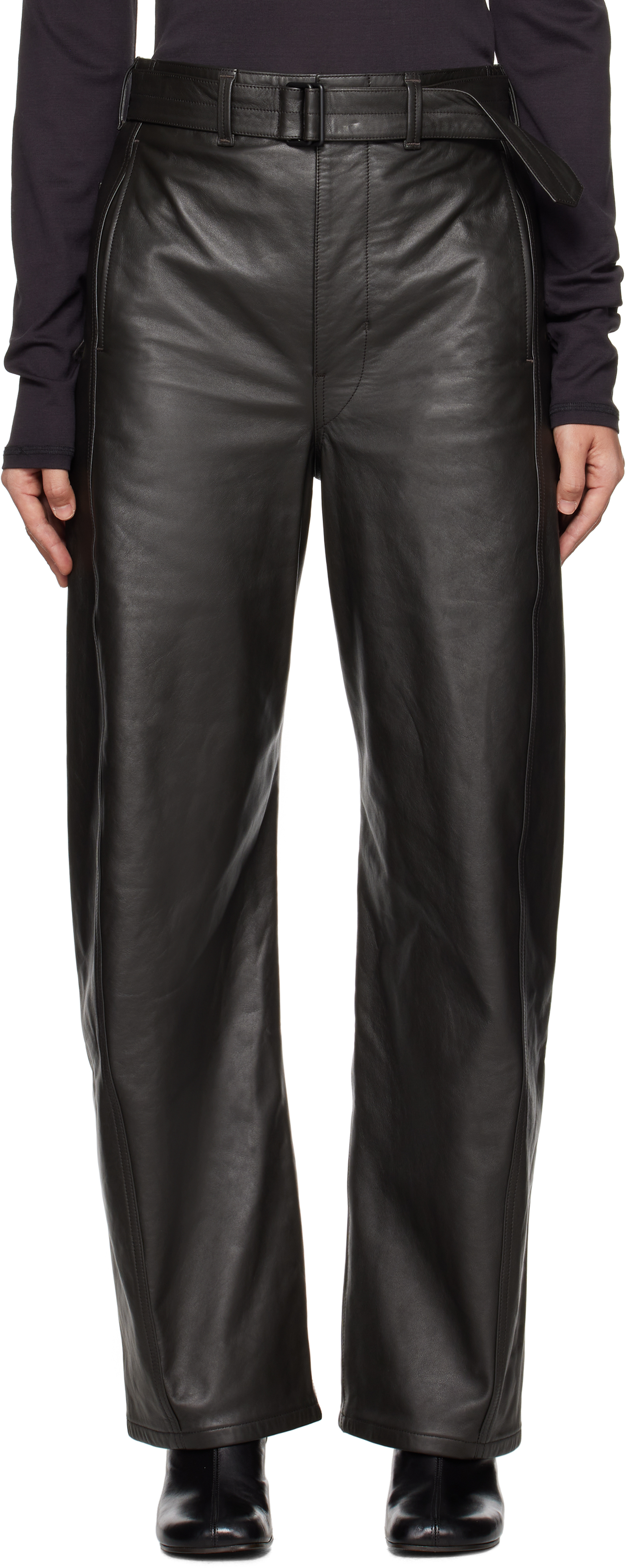 LEMAIRE Black Twisted Belted Leather Pants