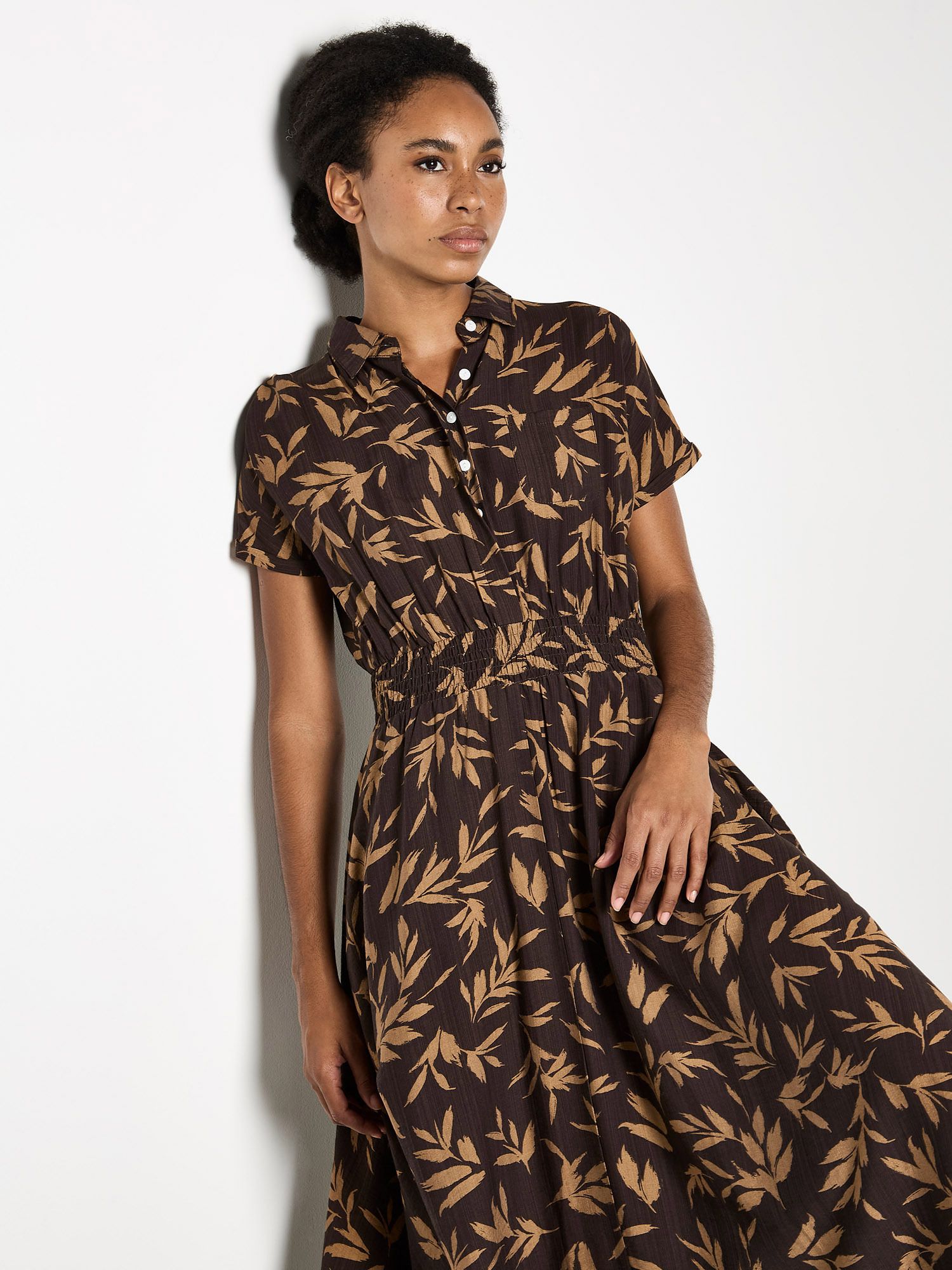 Apricot Women's Textured Leaf Shirt Midi Dress in Brown