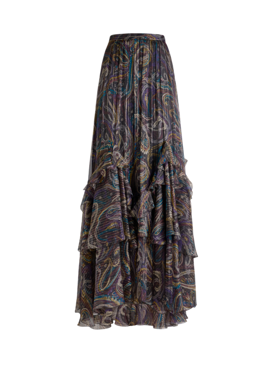 Silk Maxi Skirt With Paisley Foliage Motif