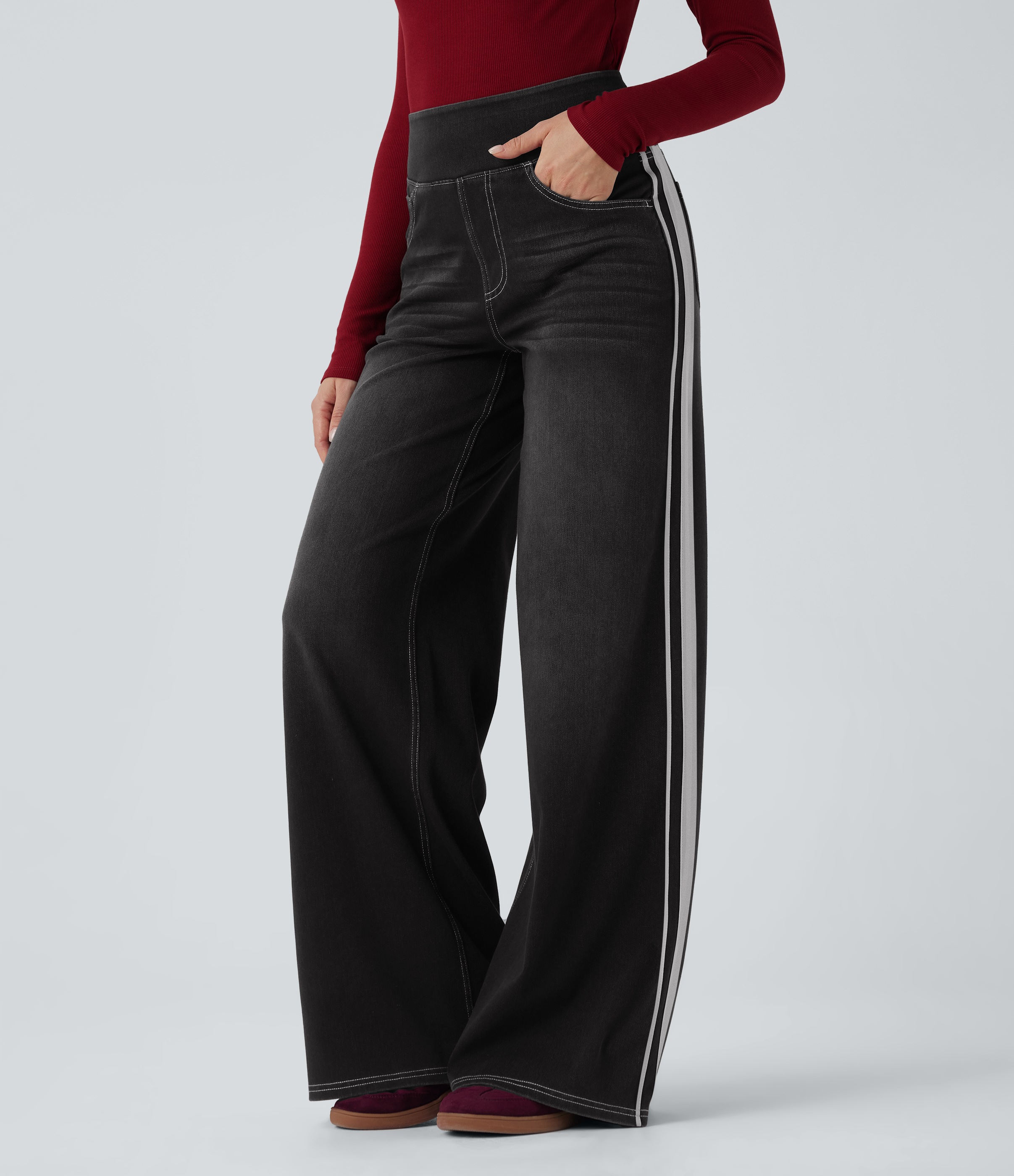 Halara Halara Flex™ High Waisted Stripe Wide Leg Flowy Washed Casual Jeans with Pockets - Phantom Denim - XLta