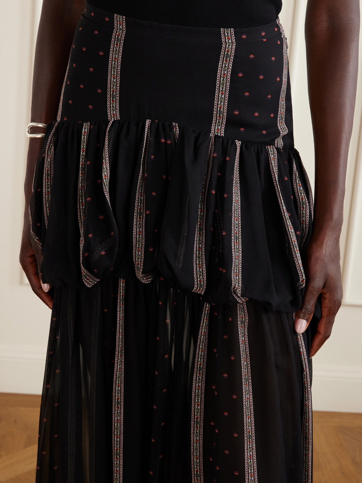 Nina Striped Peplum Silk Maxi Skirt - Black