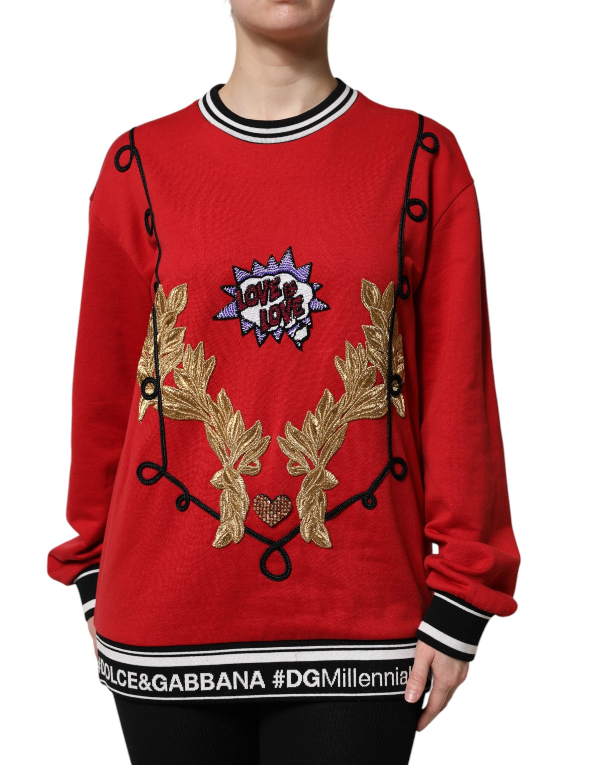 Embroidered Cotton Crew Neck Sweatshirt — Red