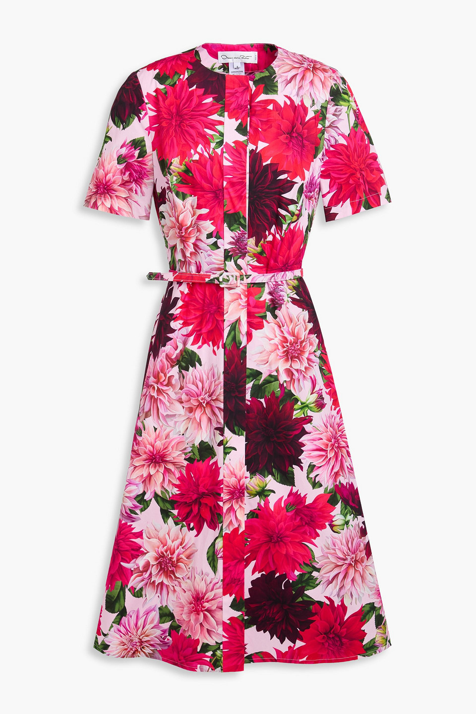 Belted floral-print cotton-blend poplin midi dress - Pink - US 4