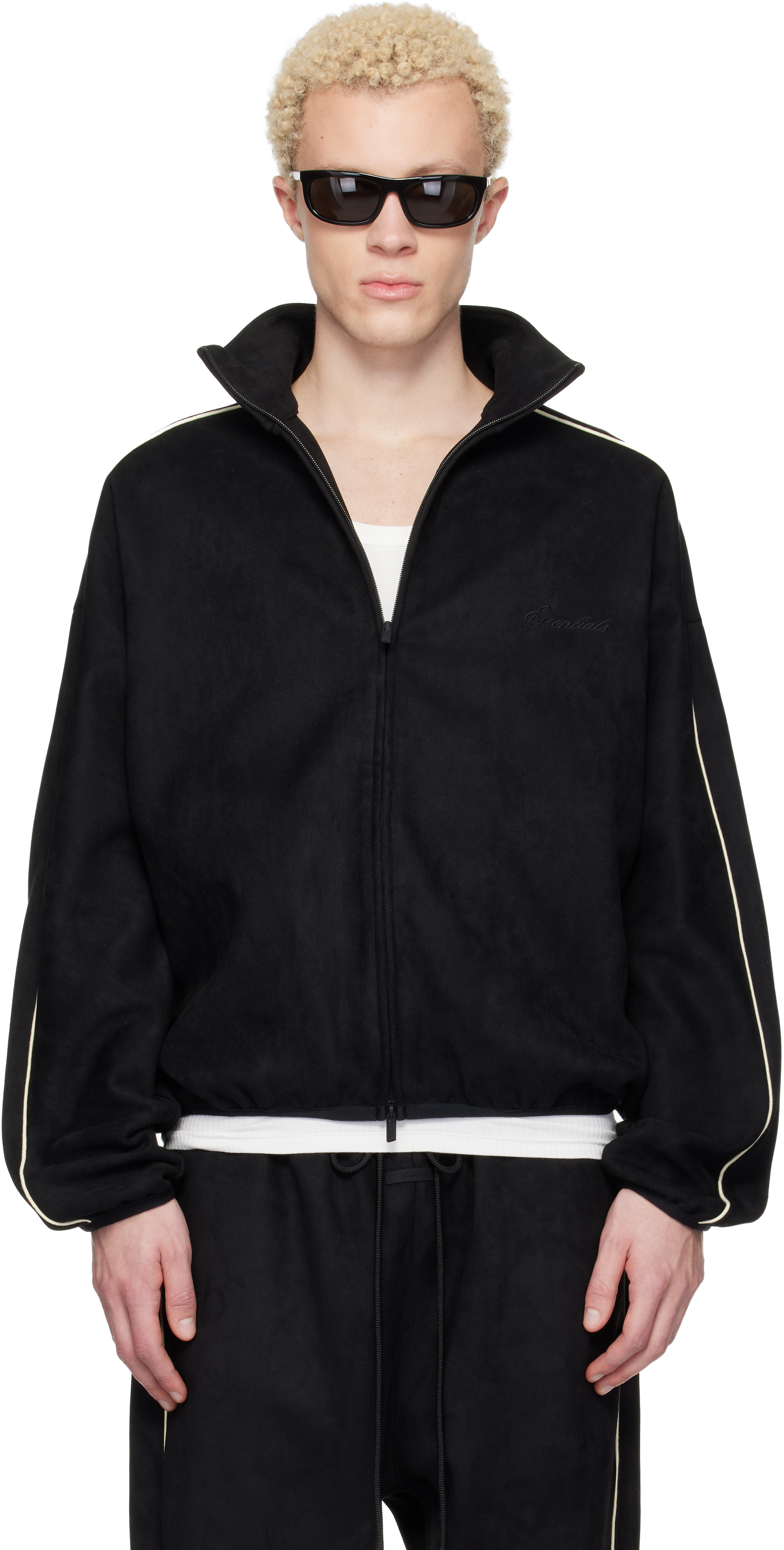 Black Faux-Suede Fleece Signature Modern Track Jacket