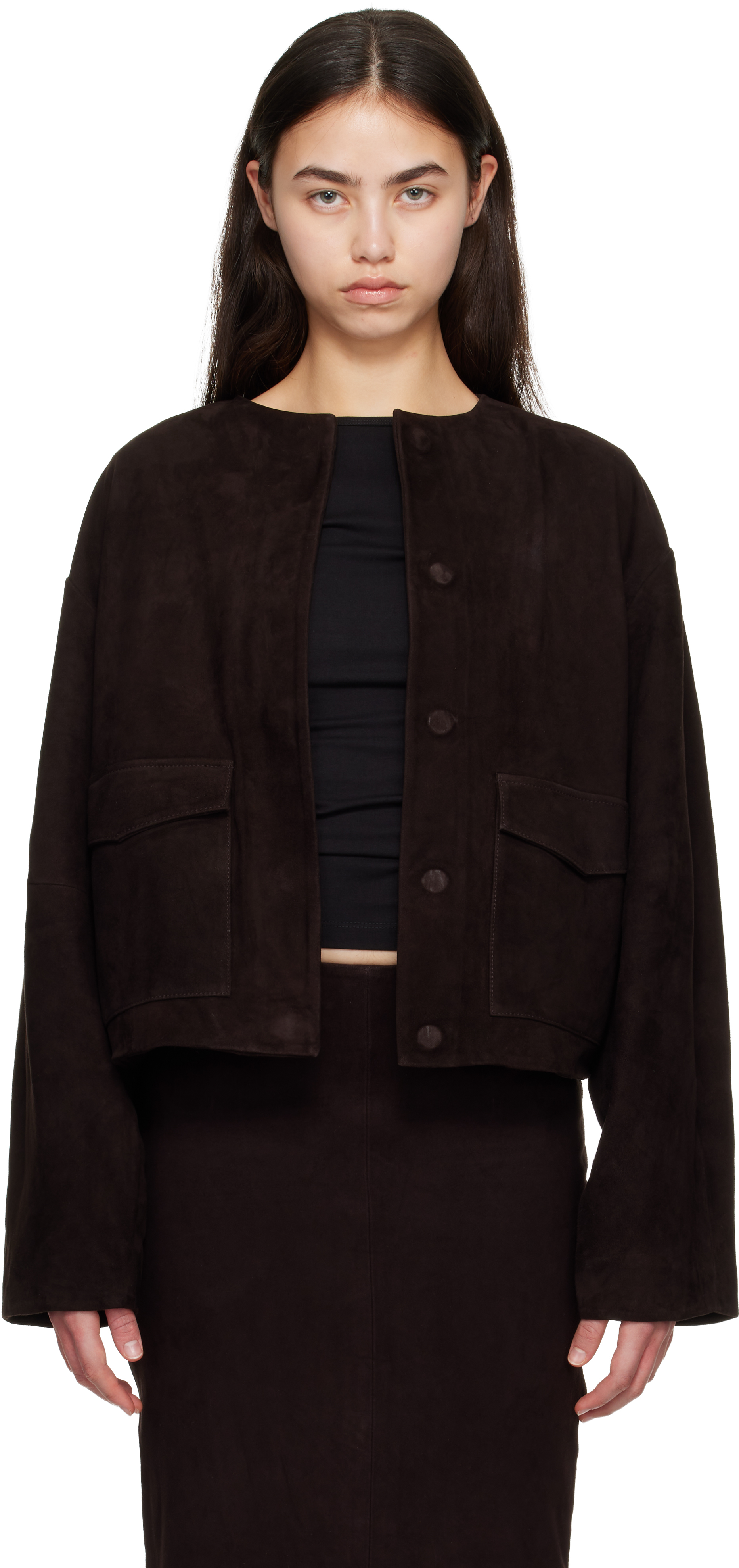 Brown Suede Utility Cocoon Bomber Jacket