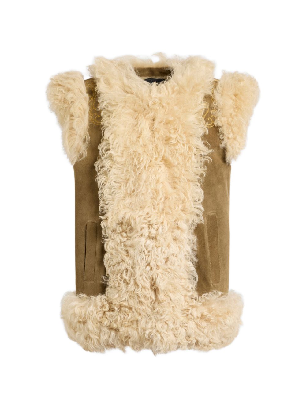 Shearling with Peacock Embroidery Waistcoat — Beige