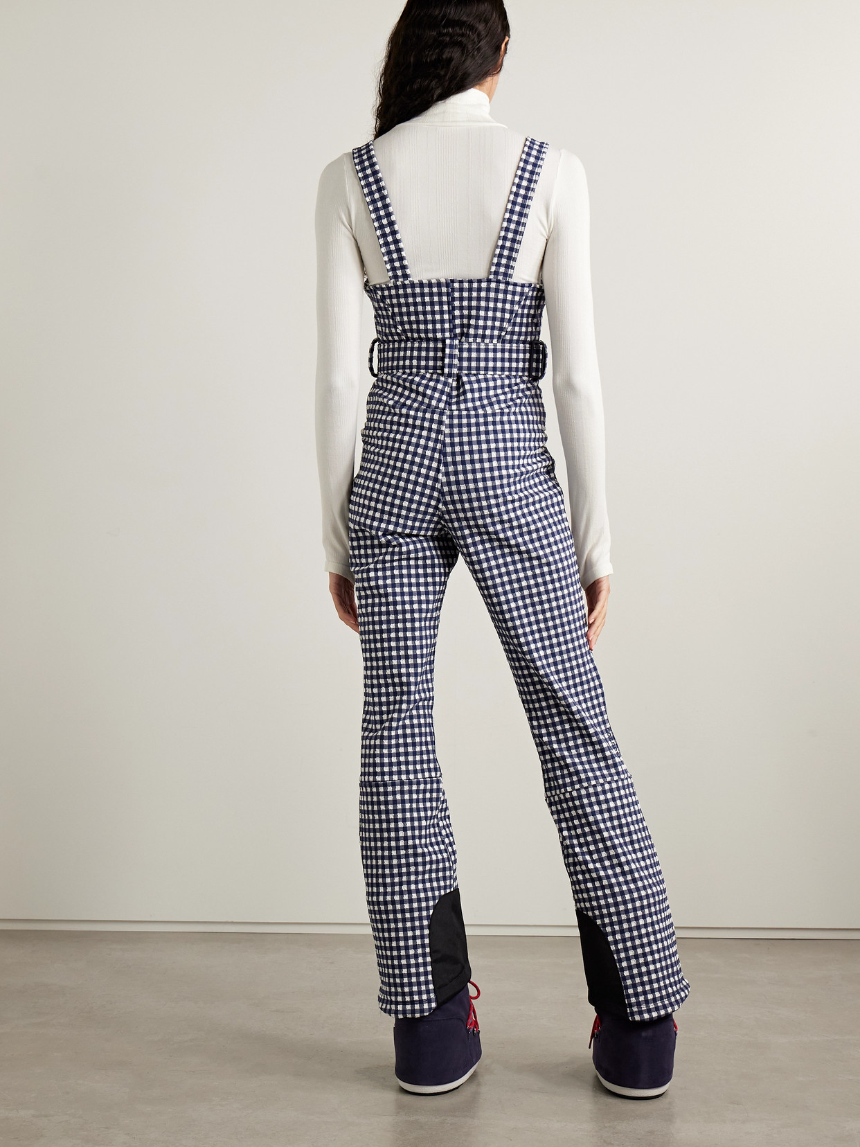 Fernie Belted Gingham Seersucker Ski Salopettes - Navy