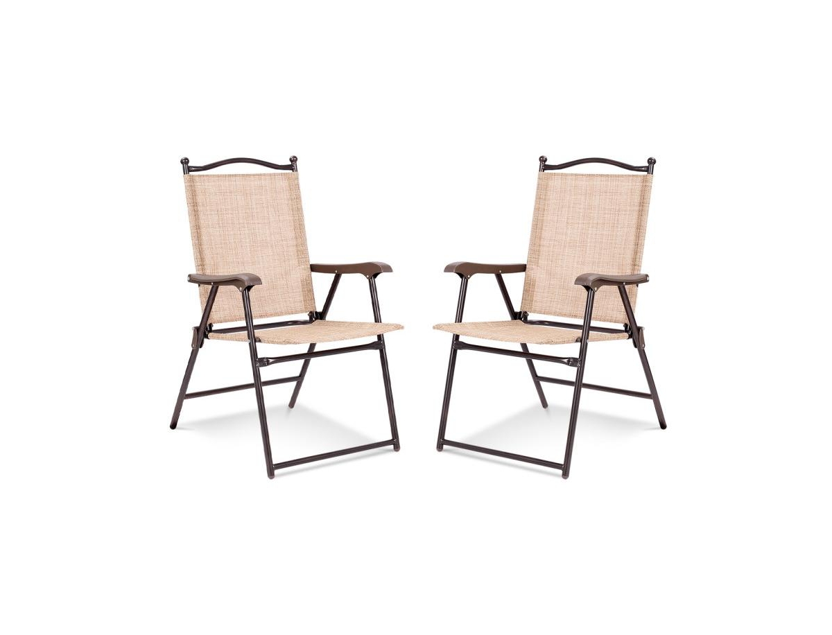 Set of 2 Patio Folding Sling Back Camping Deck Chairs - Beige