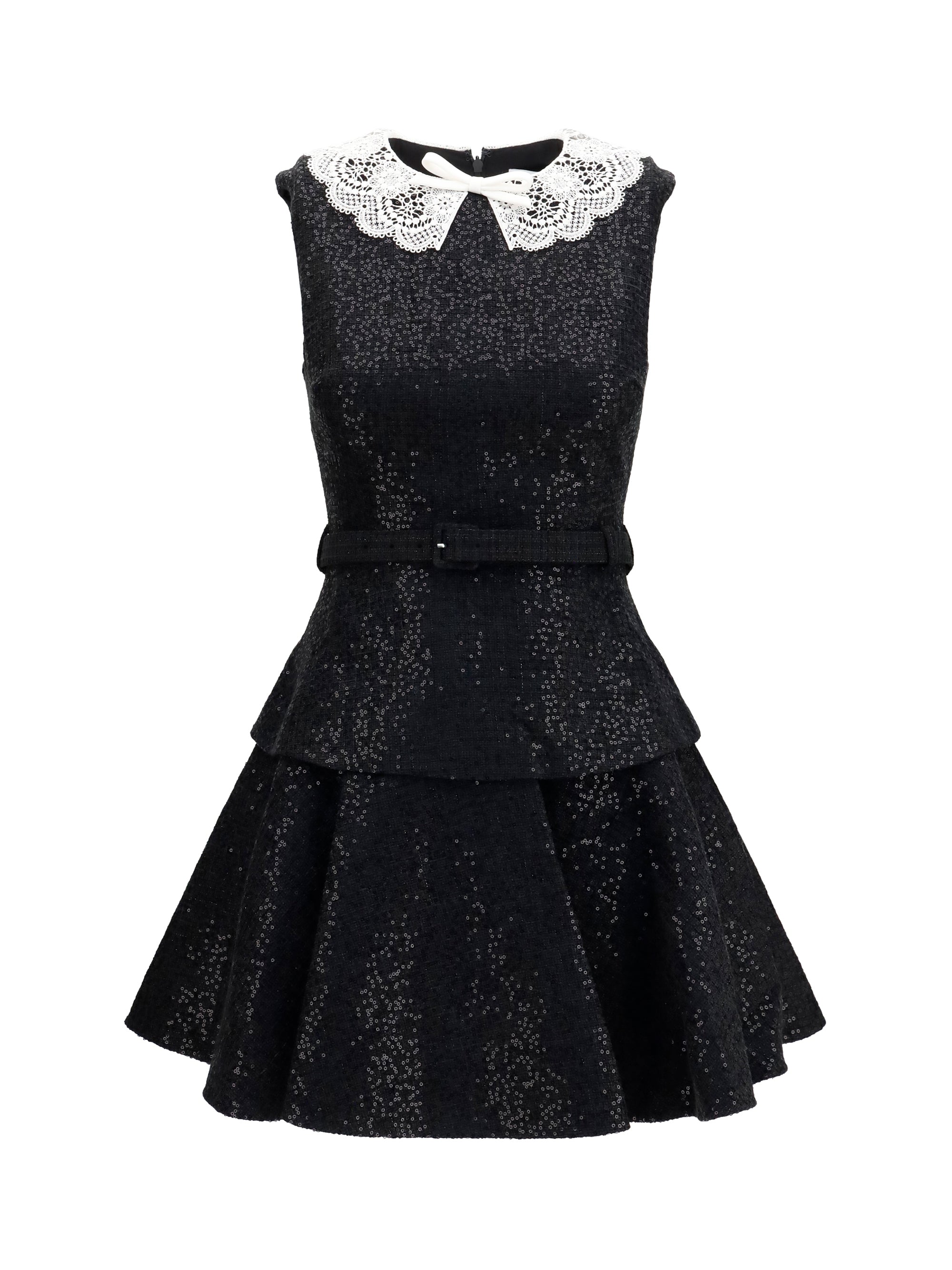 Sequin Bouclé with Lace Collar Dress — Black