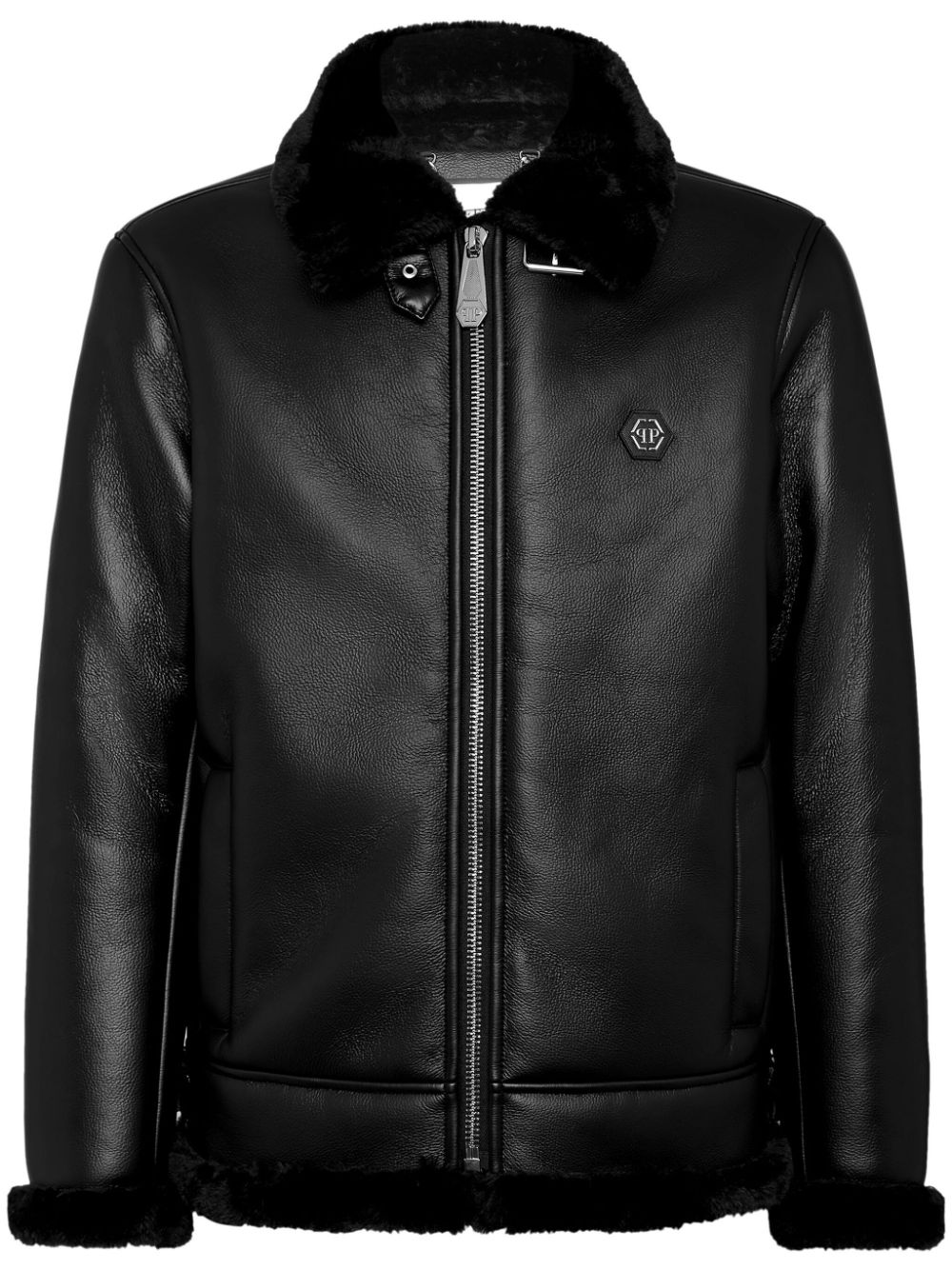 Logo-patch faux-leather bomber jacket - Black