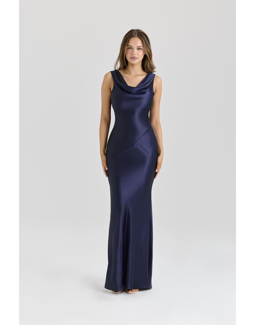 Safaira blue satin draped cowl neck maxi dress in blue