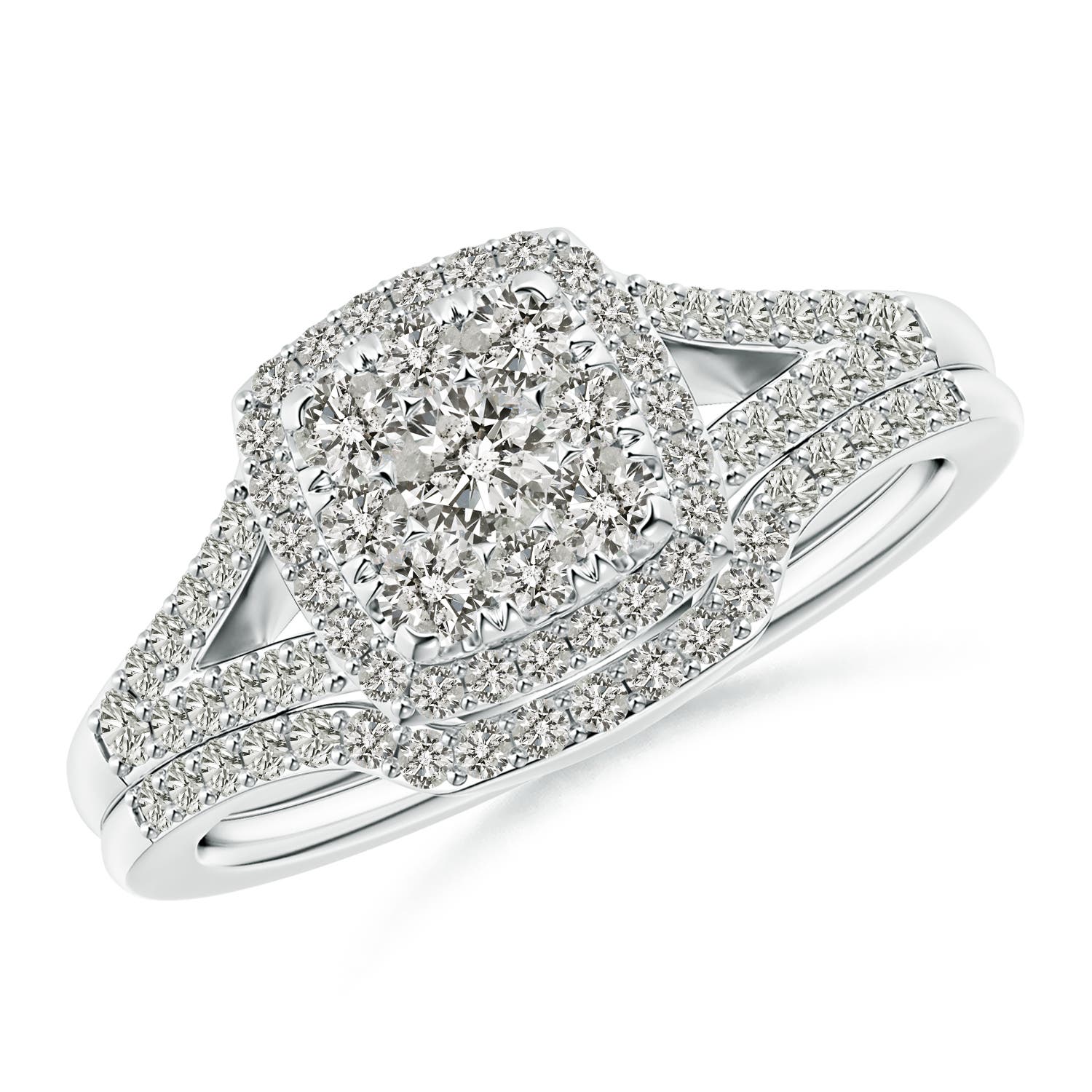 Angara 1.02 Carats Cushion Composite Diamond Halo Split Shank Bridal Set in Platinum