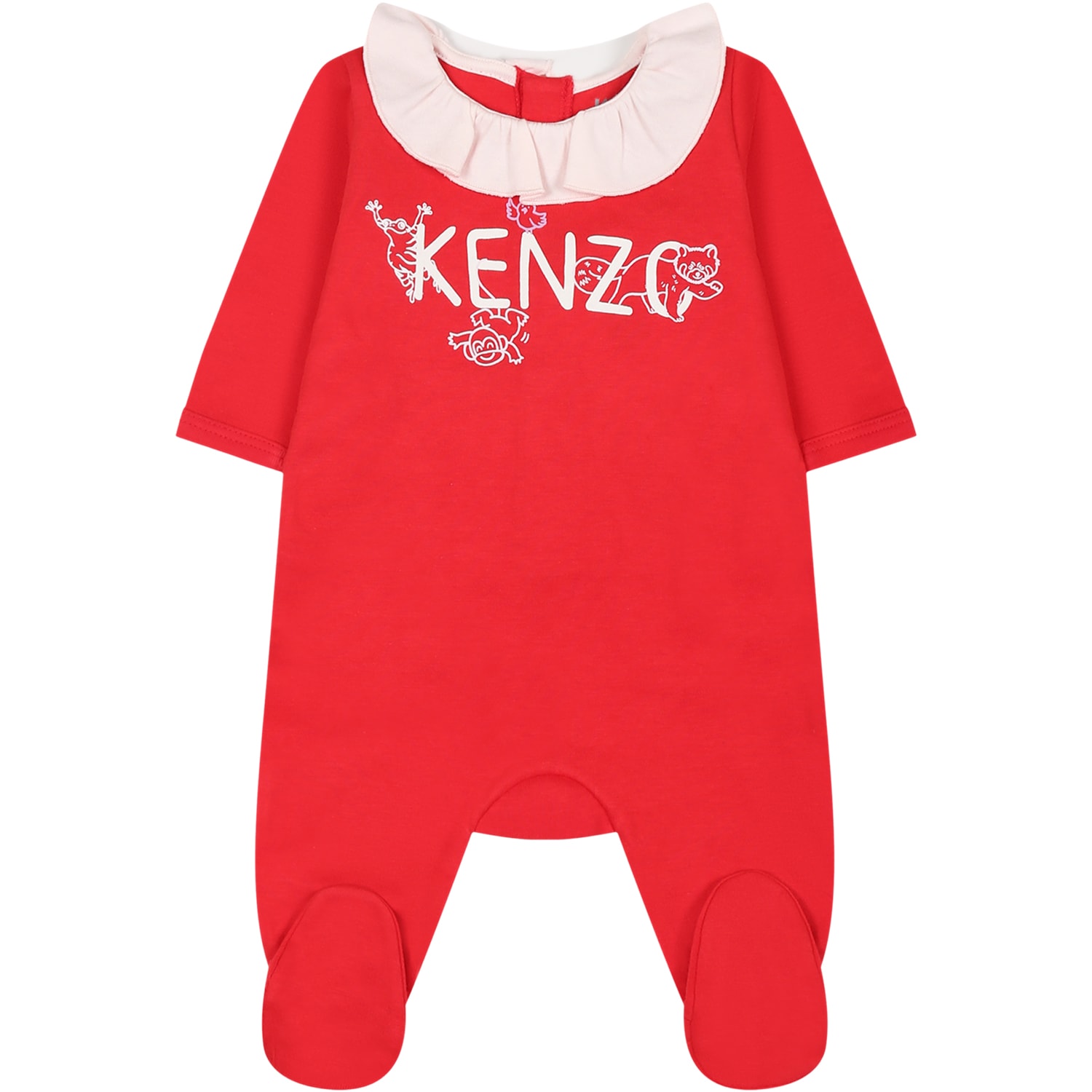 Logo-print ruffled babygrow - Red