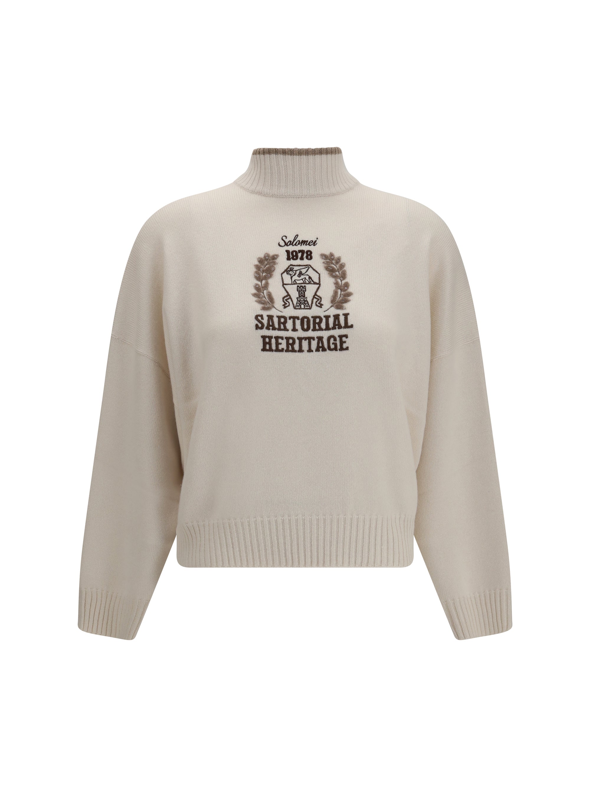 Embroidered Logo High-Neck Kashmir Sweater — Beige