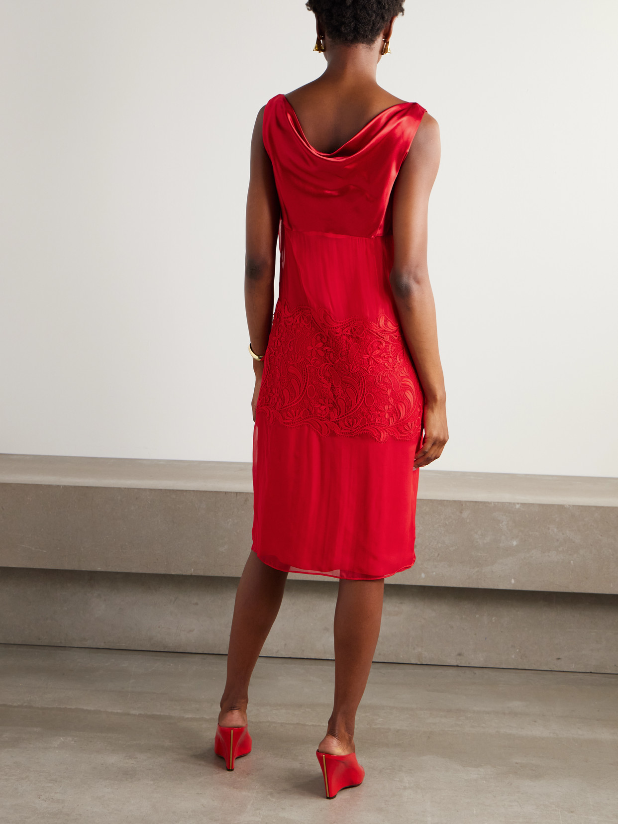 Draped Satin- And Lace-paneled Silk-chiffon Midi Dress - Red