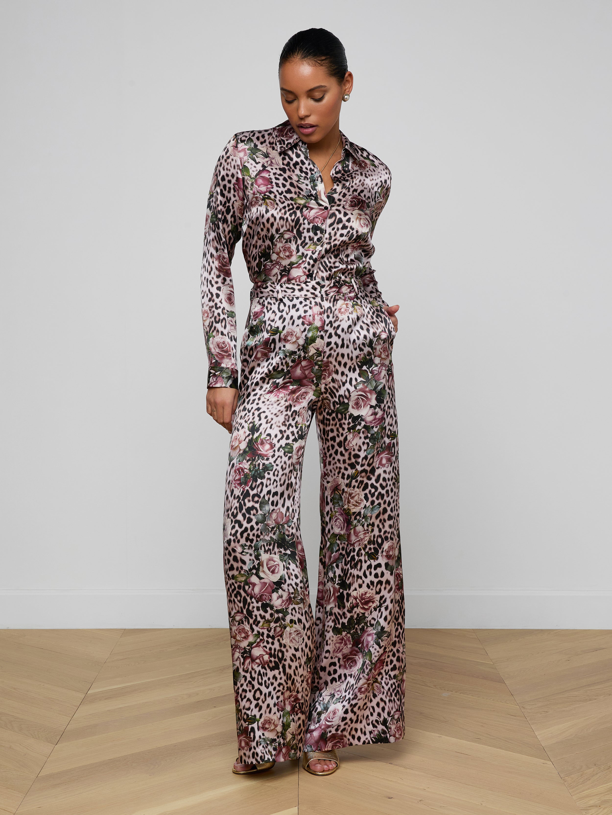 Pilar Silk Wide-Leg Pants In Multi Small Rose Cheetah