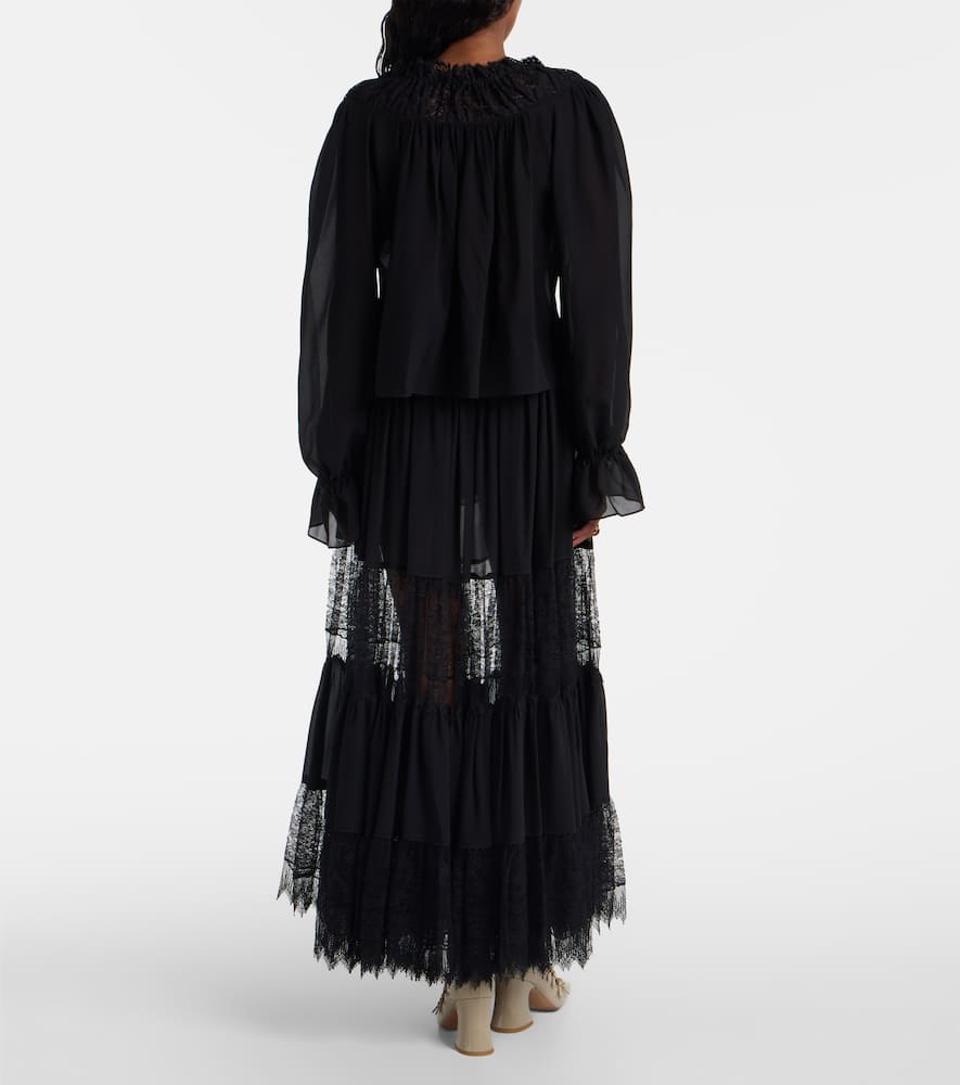 Chloé Gathered lace-trimmed silk georgette blouse