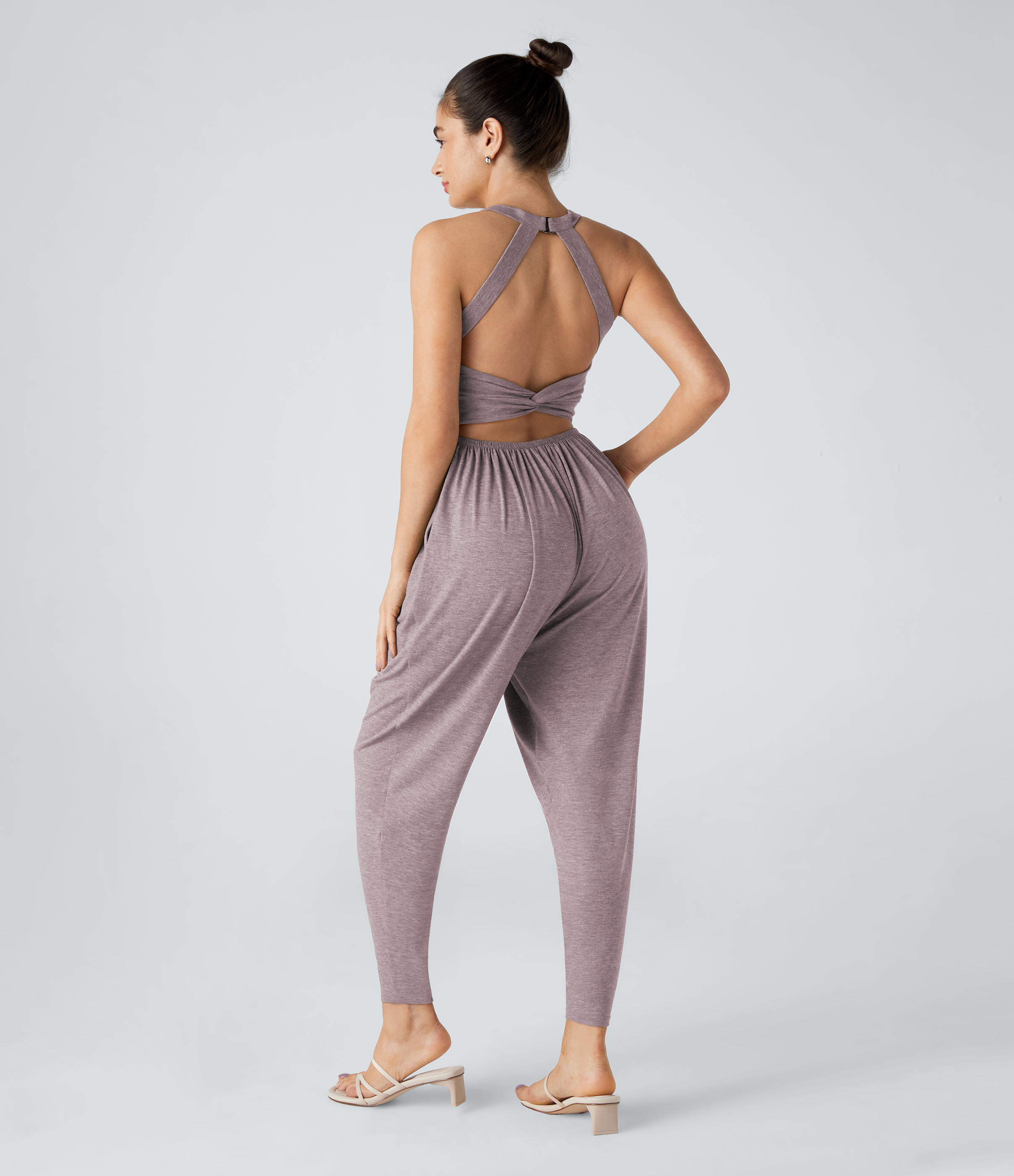 U Neck Pocket Harem Casual Jumpsuit-Easy Peezy Edition  - Deep Tea Brown Floral Yarn