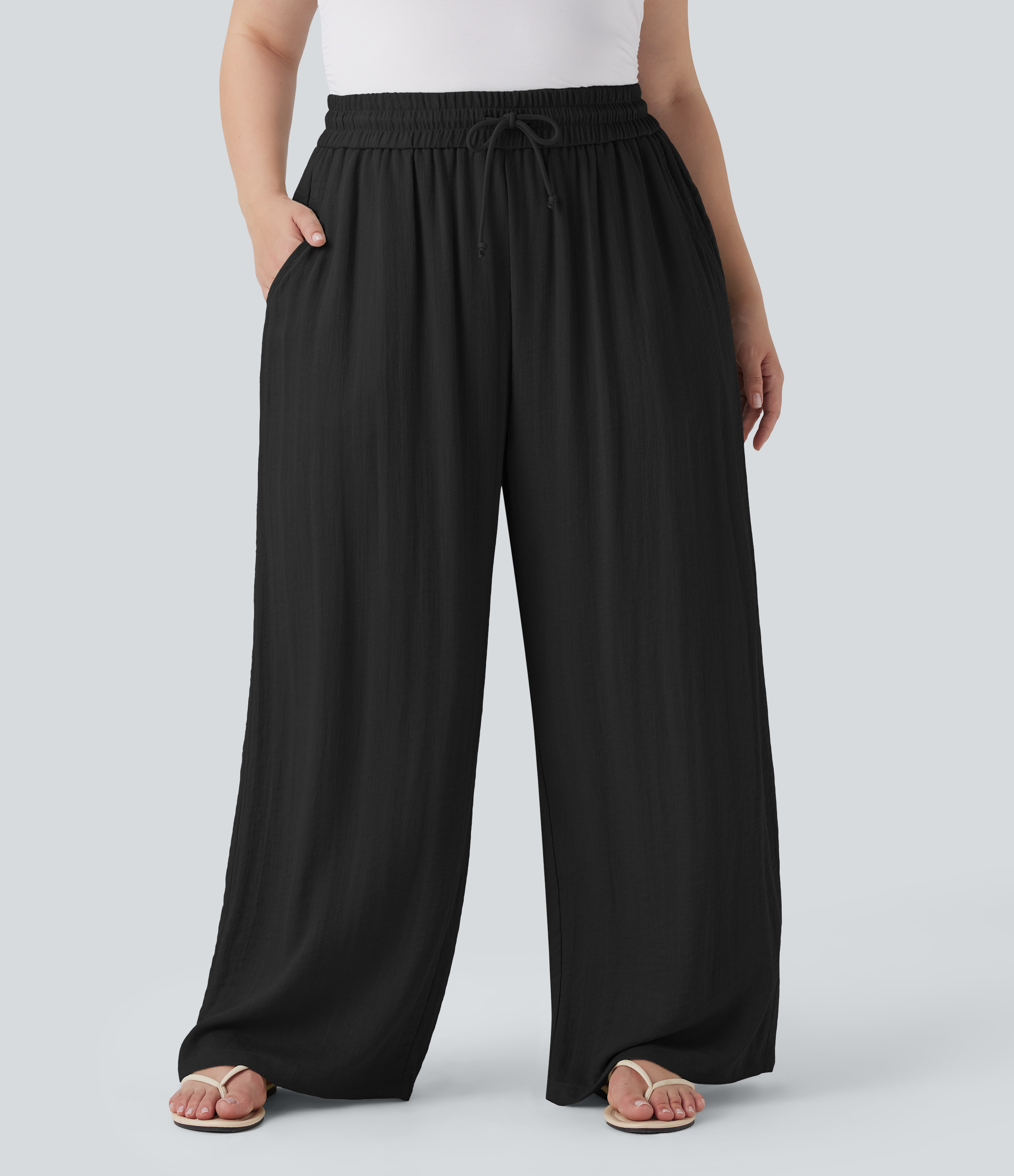 High Waisted Drawstring Linen-Feel Wide Leg Casual Plus Size Pants with Pockets  - Black