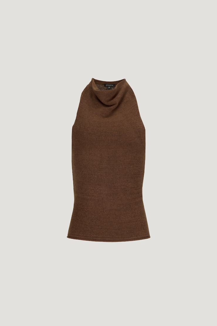 Mock Neck Sweater Tank Top - Brown - Women Clothing