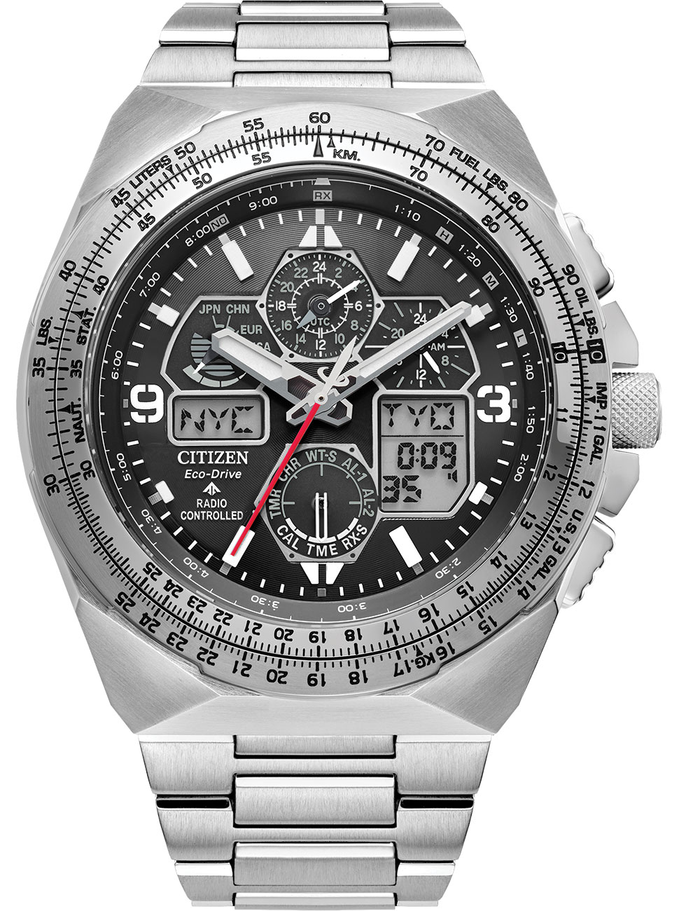 Eco-Drive Promaster Skyhawk A-T 46mm Watch with Black Dial and SS Bracelet