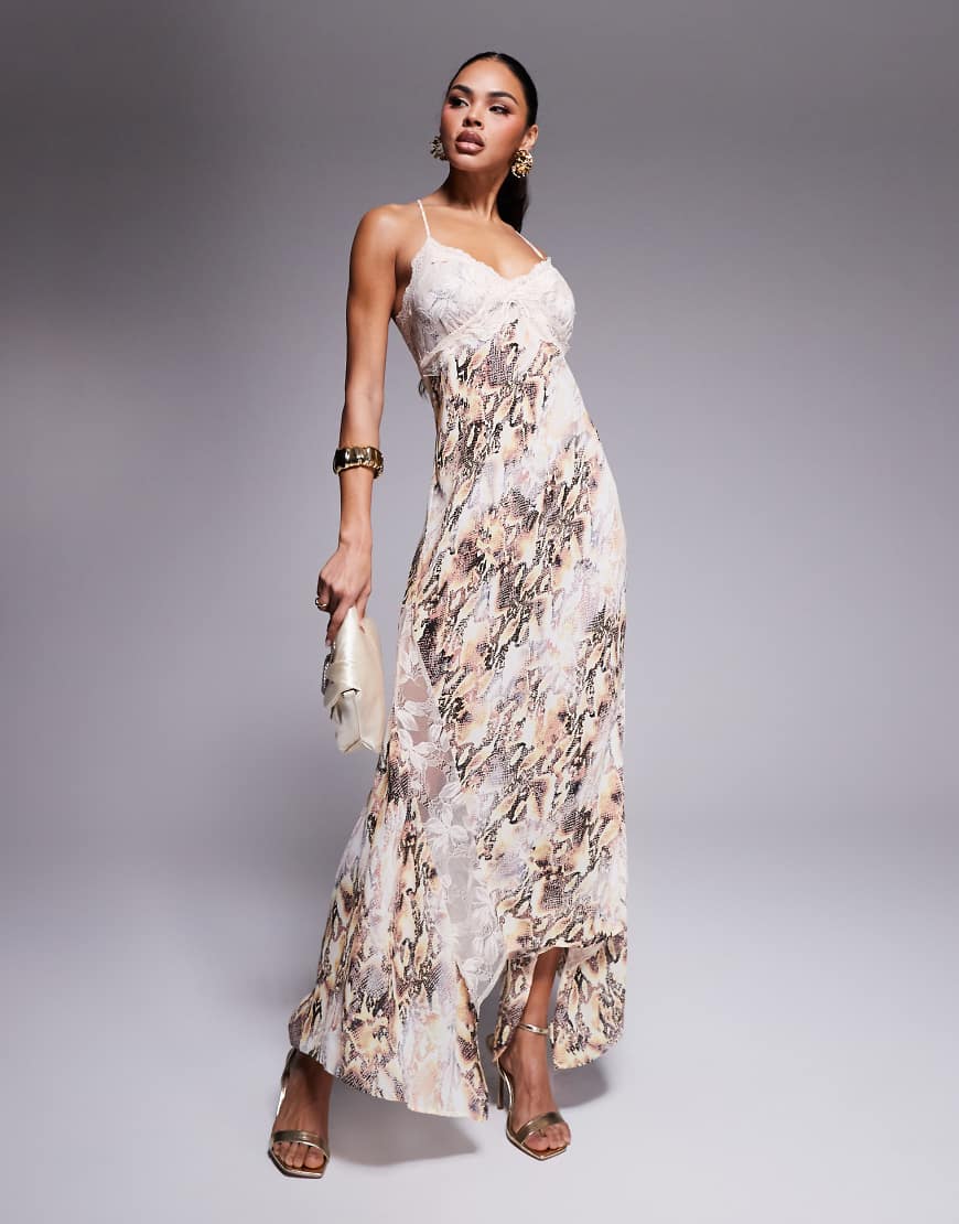 Vince lace trim cami maxi dress in snake print-Multi