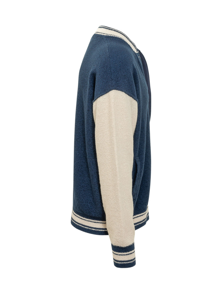Blue Color Block Band Collar Jacket