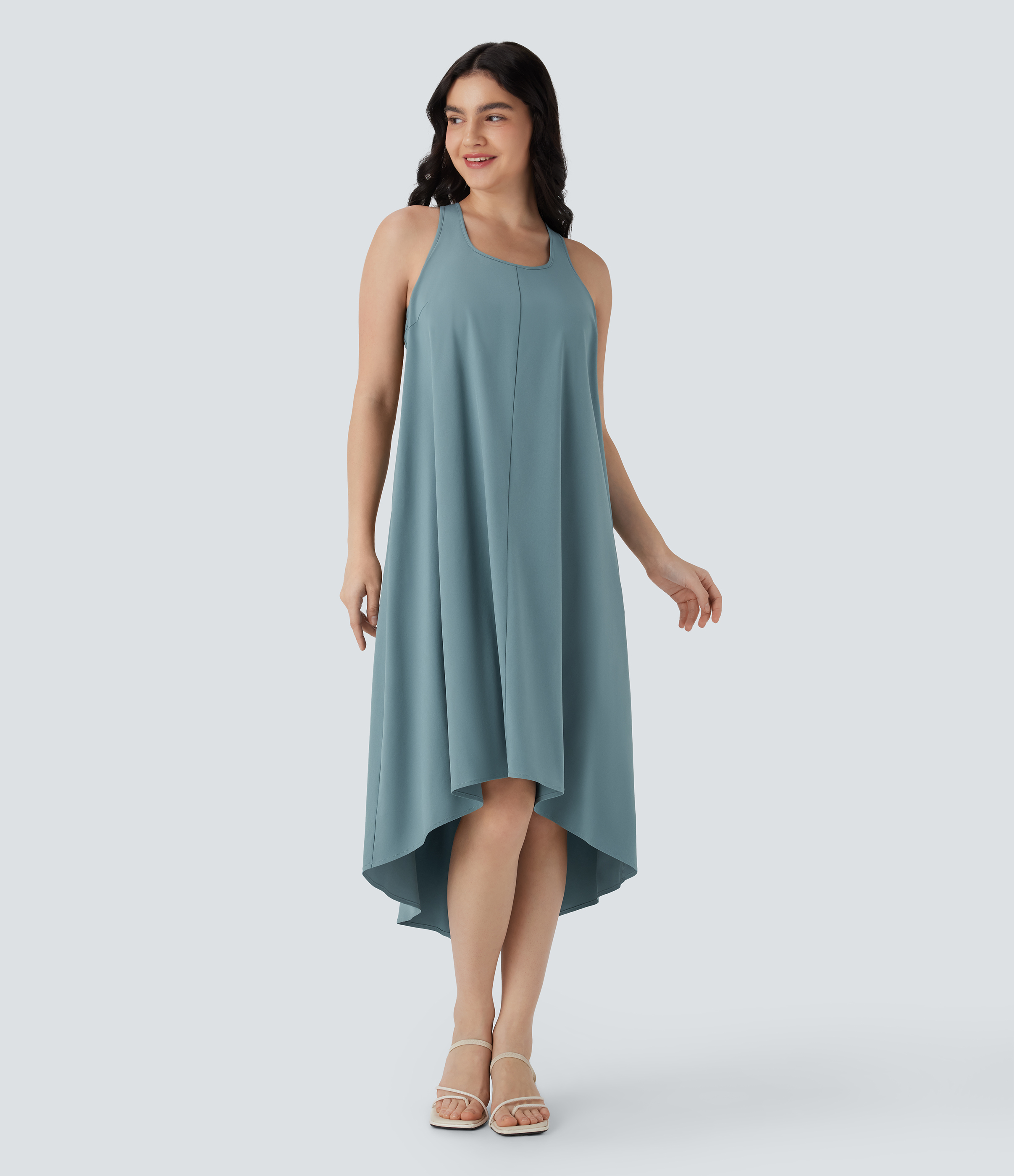 Breezeful™ RacerPocket High Low Flowy Midi Quick Dry Casual Dress DD-F Cups Casual Dress - Stone Blue
