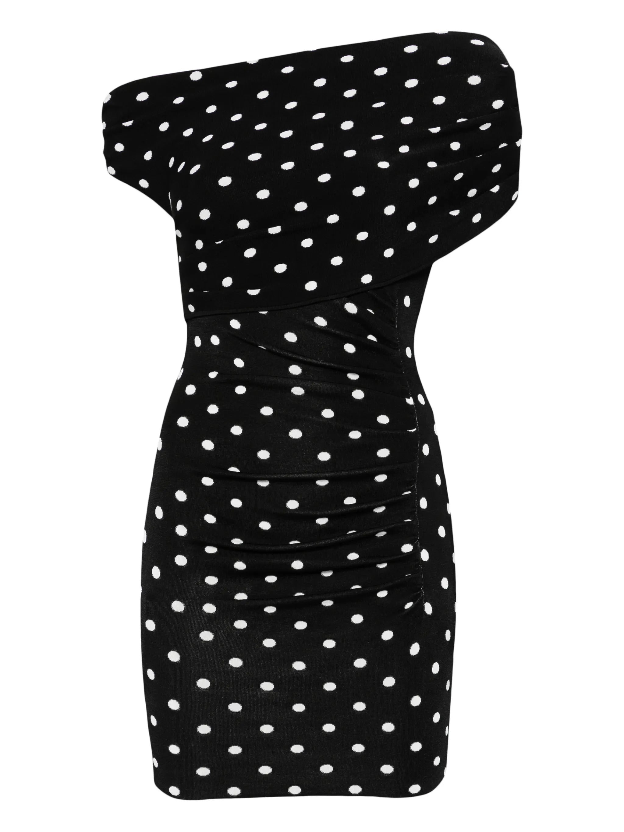 Draped Polka Dot Knit Mini Dress with Asymmetrical Neckline