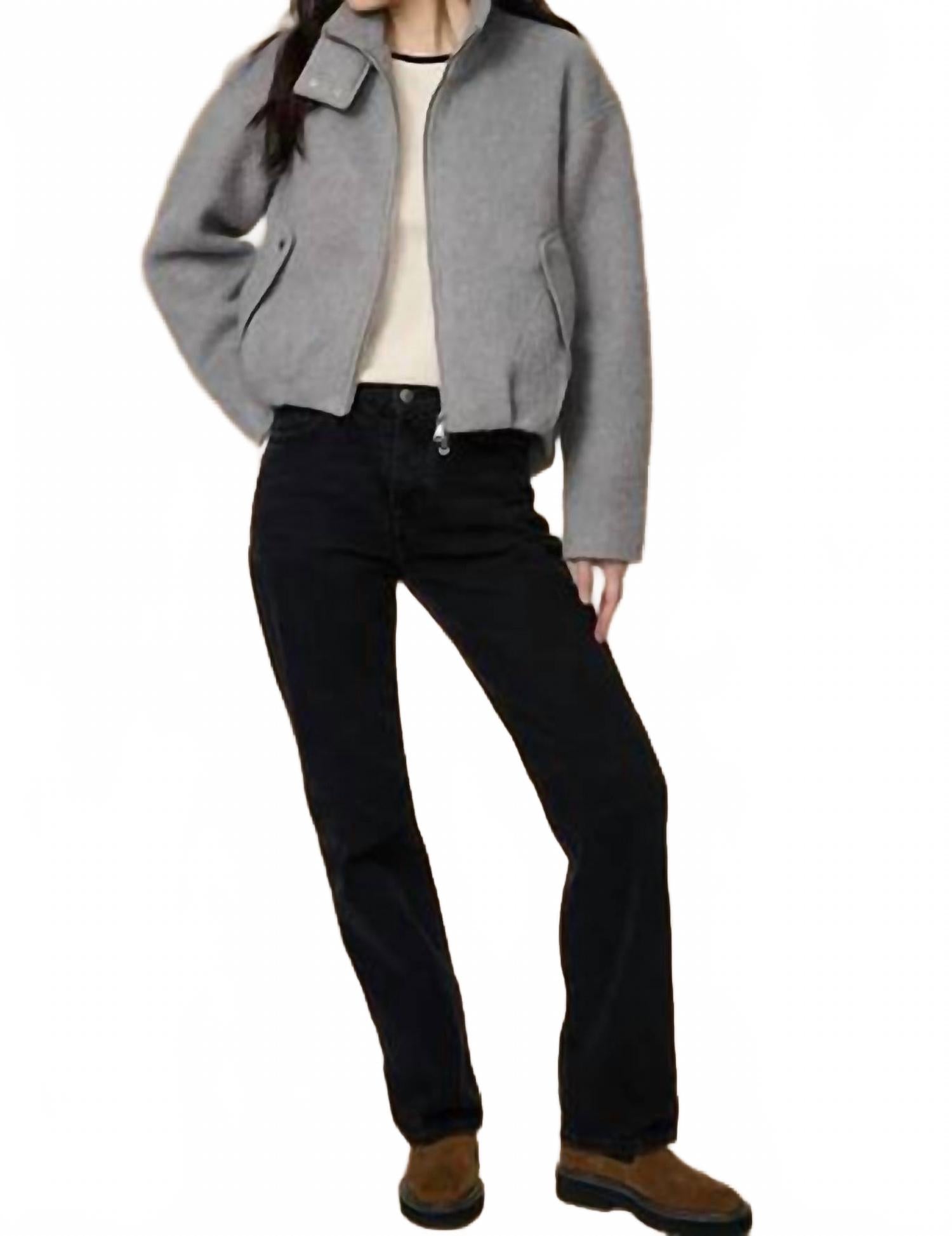 Pleated Hem Bomber Jacket In Light Gray