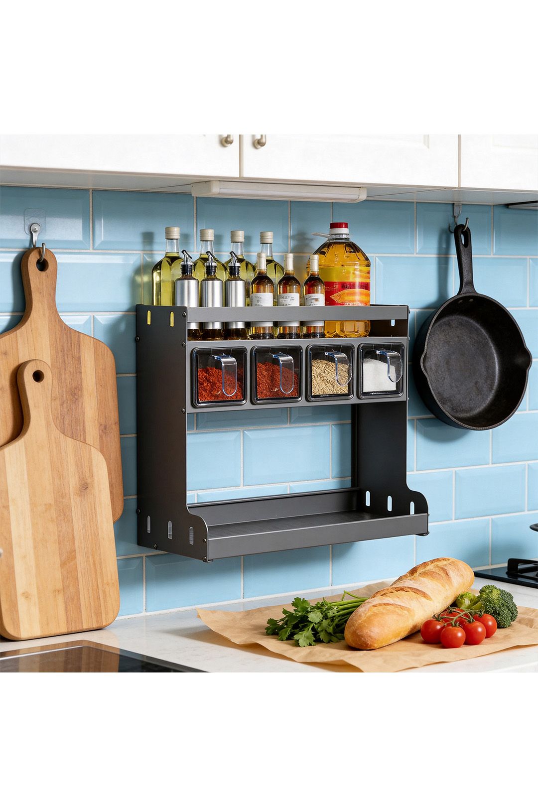 Living And Home 3-Tier Kitchen Spice Rack With 4 Seasoning Boxes In Grey